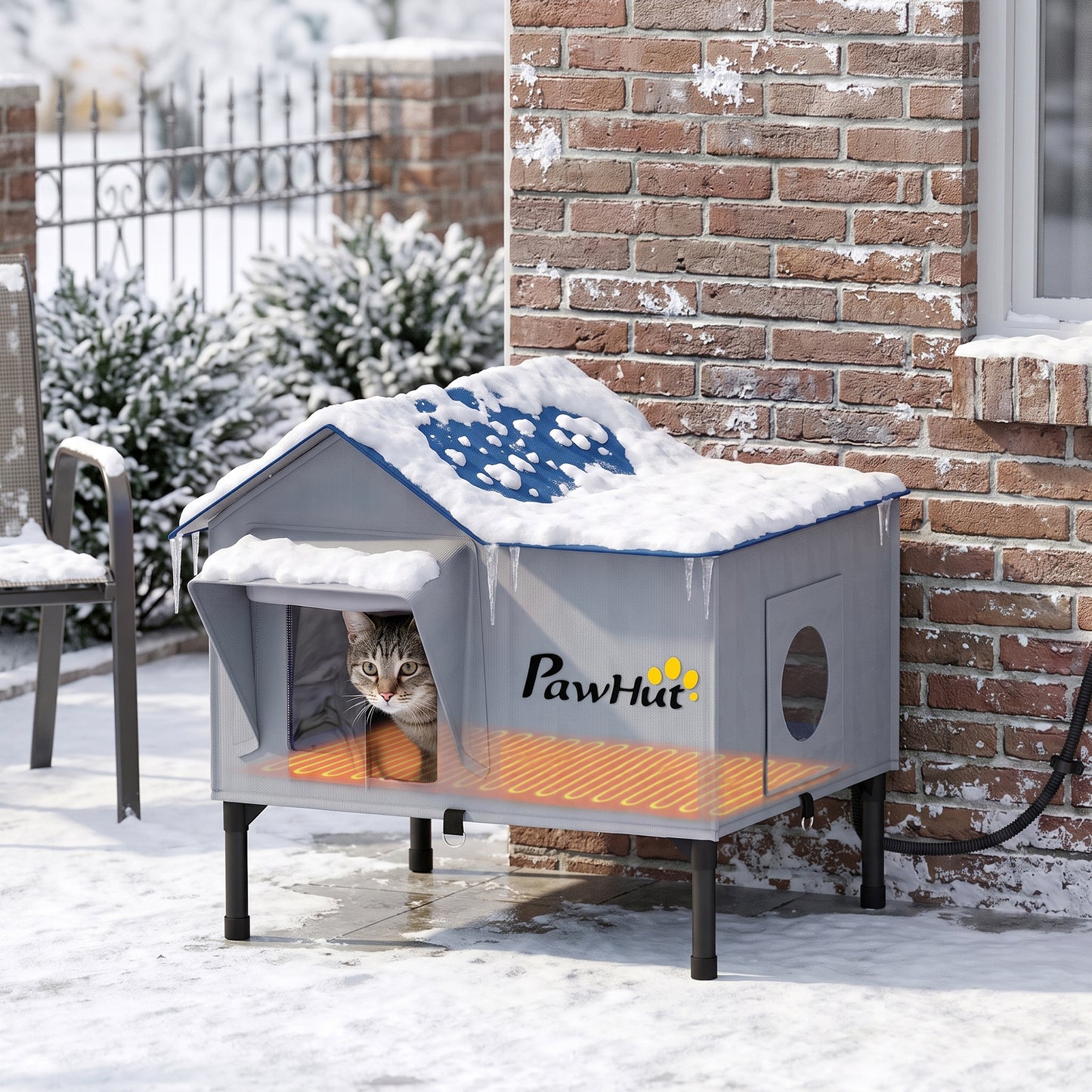 PawHut Heated Cat House Weatherproof w/ Heating Pad, Elevated Base, Escape Door, Cat Winter Shelter for Stray, Barn Cats