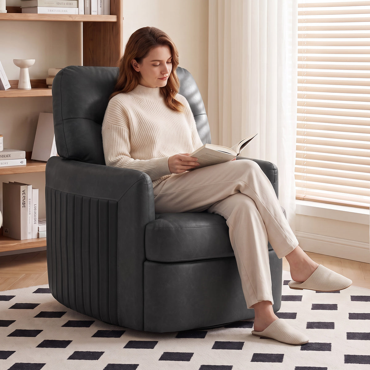 HOMCOM 360Â° Swivel Accent Chair, Modern Armchair with Thick Cushion, PU Leather Upholstered, Dark Grey