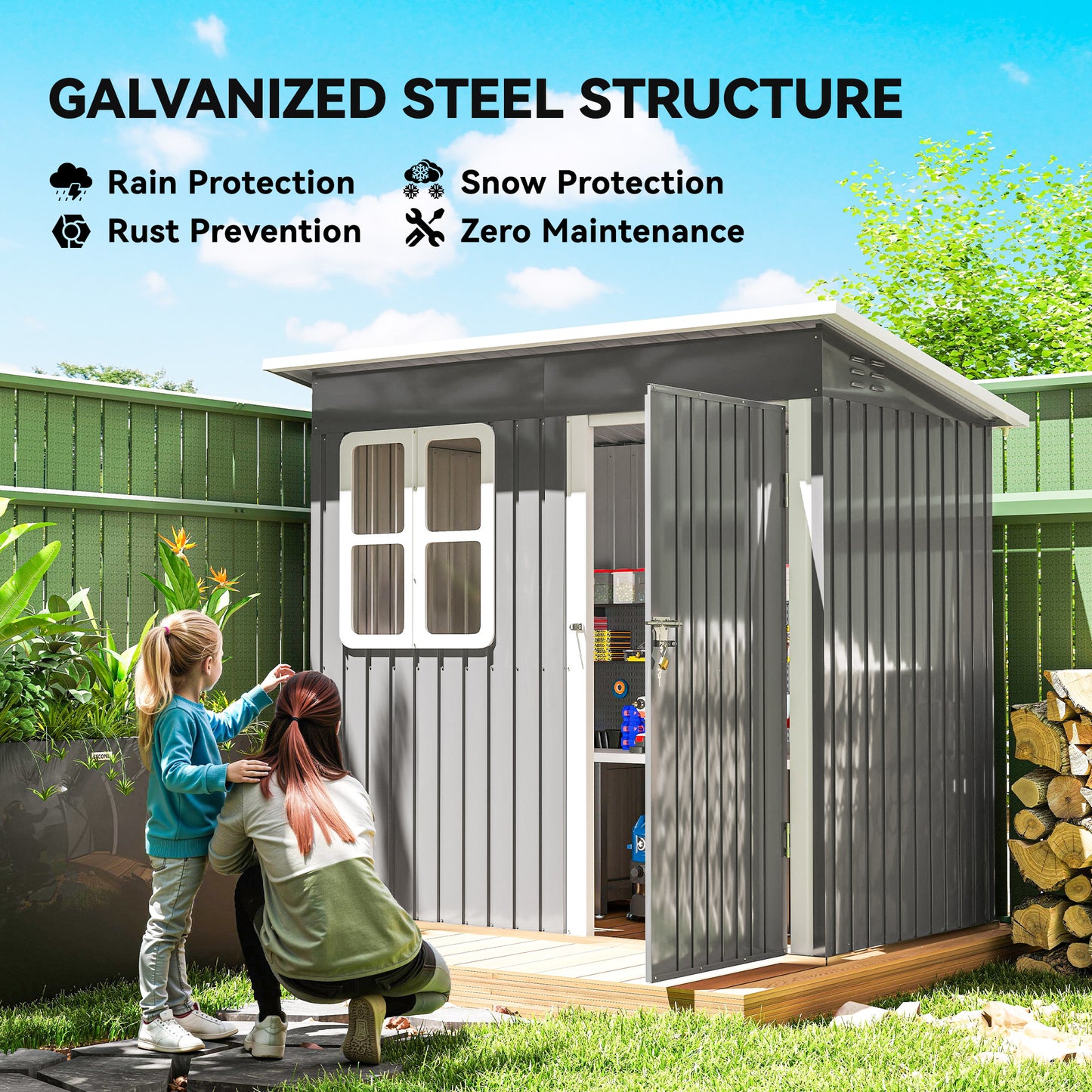 Outsunny 7 x 4ft Eco-friendly Galvanised Steel Garden Shed, with Lock and Gloves, 40kg/ãŽ¡ Snow Capacity - Grey