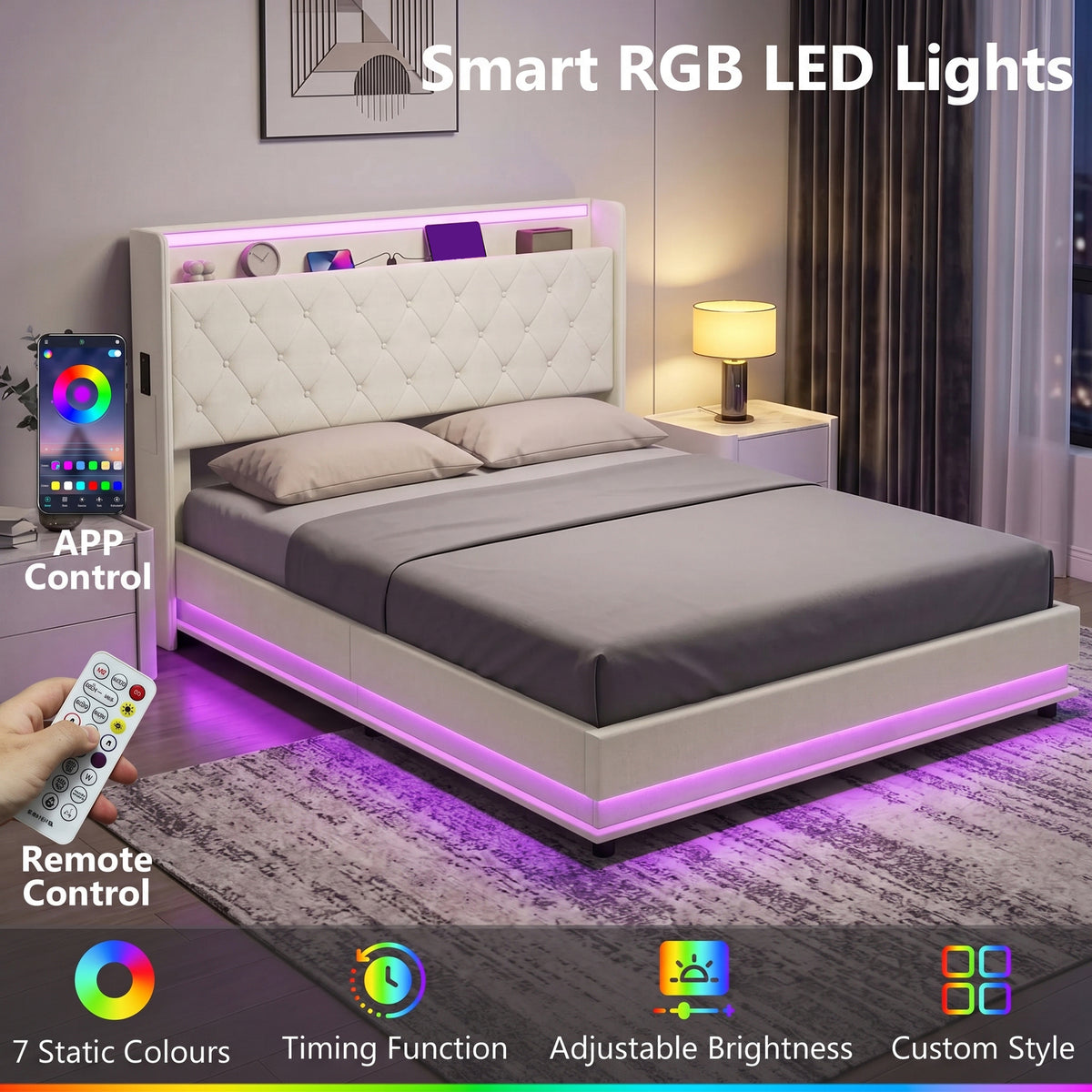 HOMCOM 5ft King Bed Frame with Headboard, Platform Bed Frame with Hydraulic Storage, LED Lights and Charging Station, White