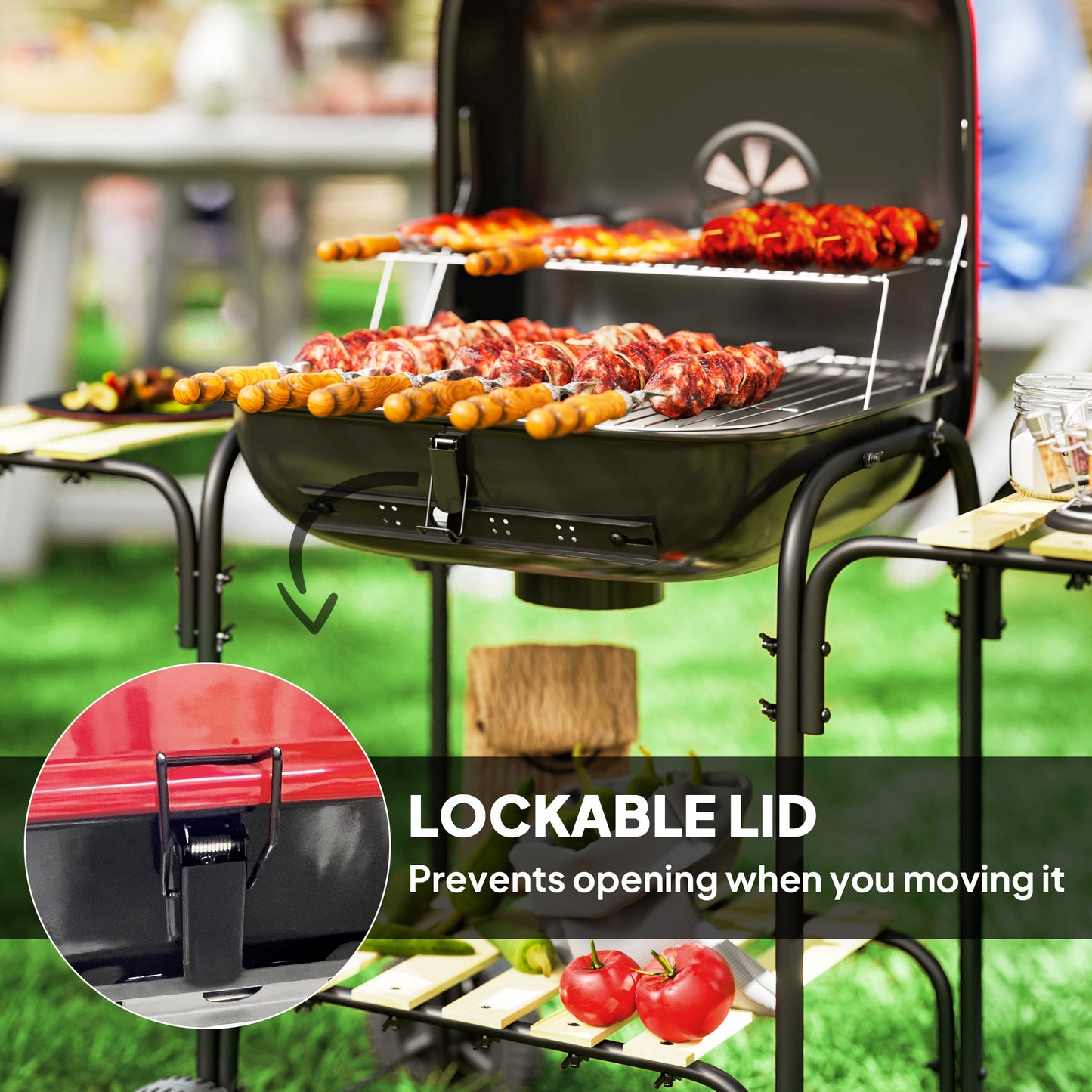 Outsunny Charcoal Barbecue Grill Portable BBQ Grill with 1840 cmÂ² Cooking Area, 3 Shelves, Adjustable Vent, Lockable Lid, Wheels for Outdoor Cooking, Garden Party, Red