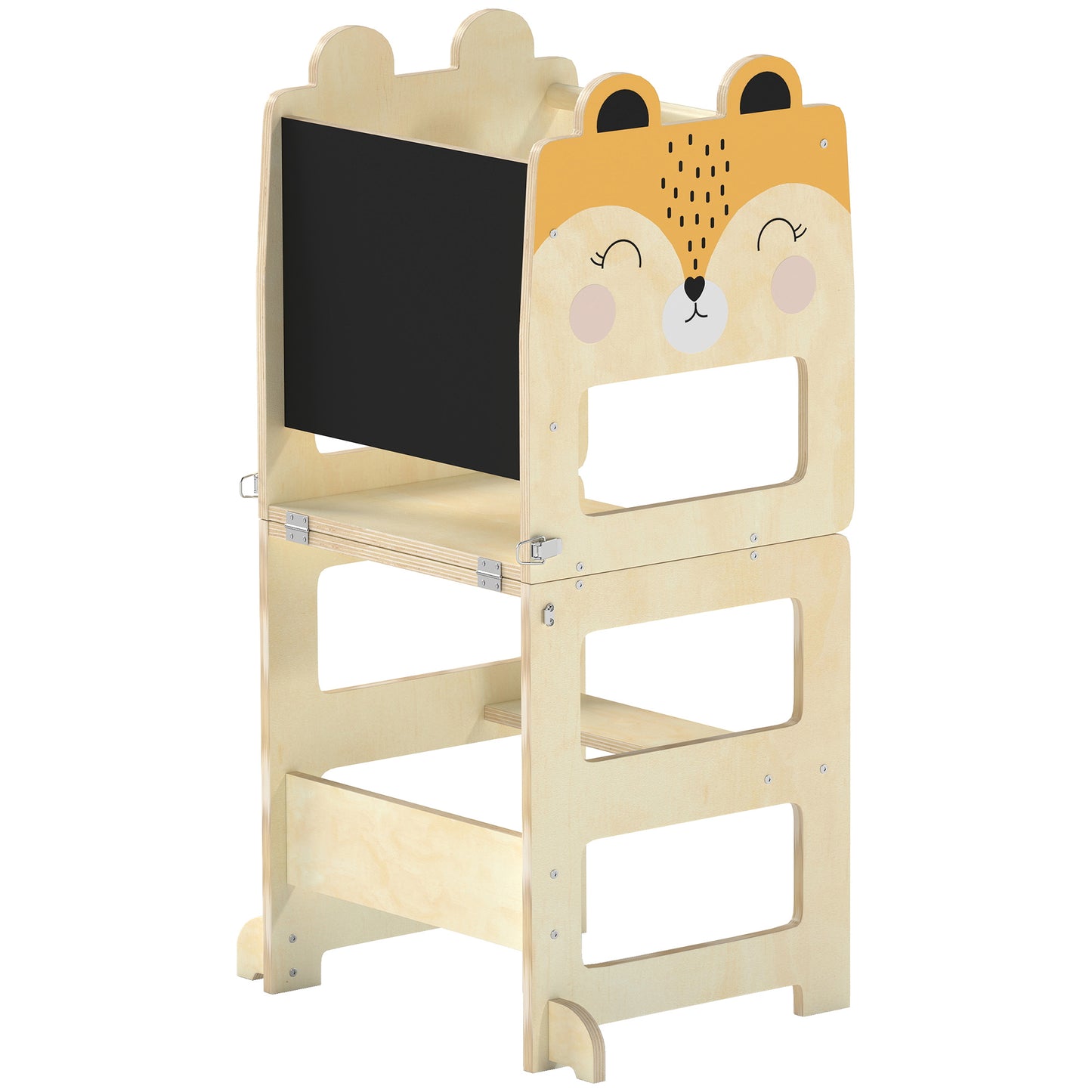 AIYAPLAY Toddler Step Stool, Standing Tower with Chalkboard, 3-in-1 Fox-Shaped Step Stool for Kitchen Counter, Natural