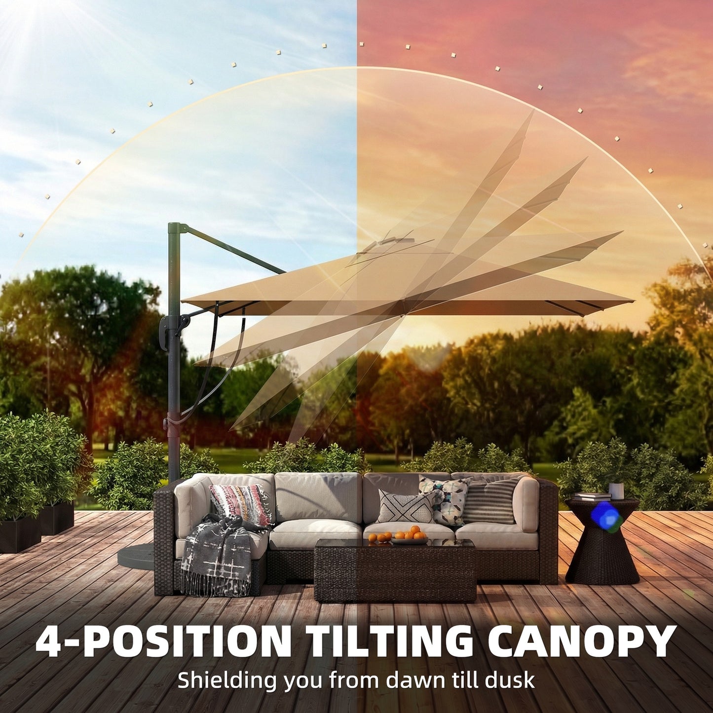Outsunny 3 x 3 m Garden Cantilever Parasol with Light, Umbrella with Wind Protection, 360Â° Rotation, Khaki