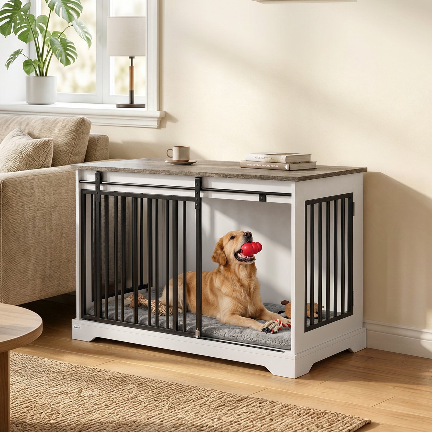 PawHut 100 cm Large Dog Crate Furniture with Sliding Barn Door for Large Dogs, White