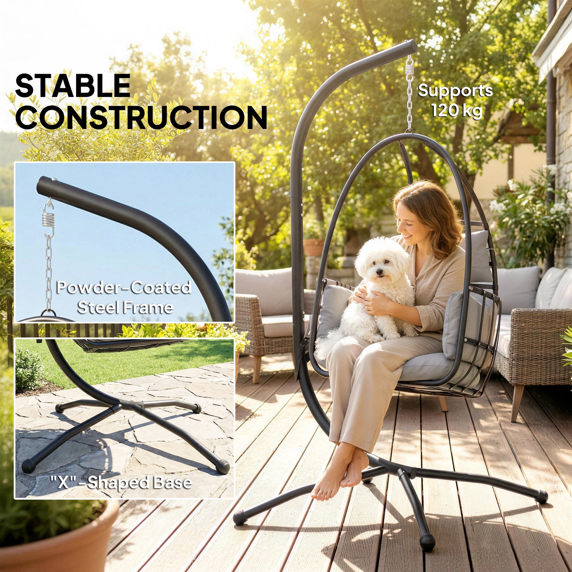 Outsunny Hanging Egg Chair, Indoor Outdoor Swinging Hammock Chair with Stand, Foldable Basket, Side Pocket, Dark Grey