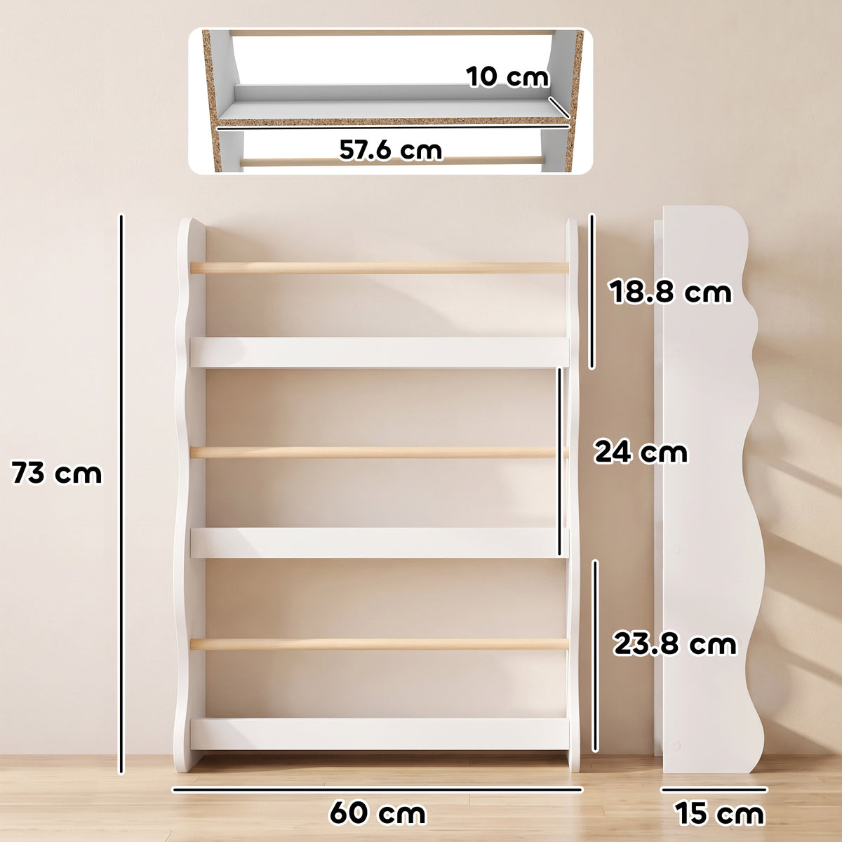 AIYAPLAY 3-Tier Kids Bookshelf Wall Mounted, Kids Bookcase for Playroom, Living Room for Toddlers and Children Aged 3-8, White