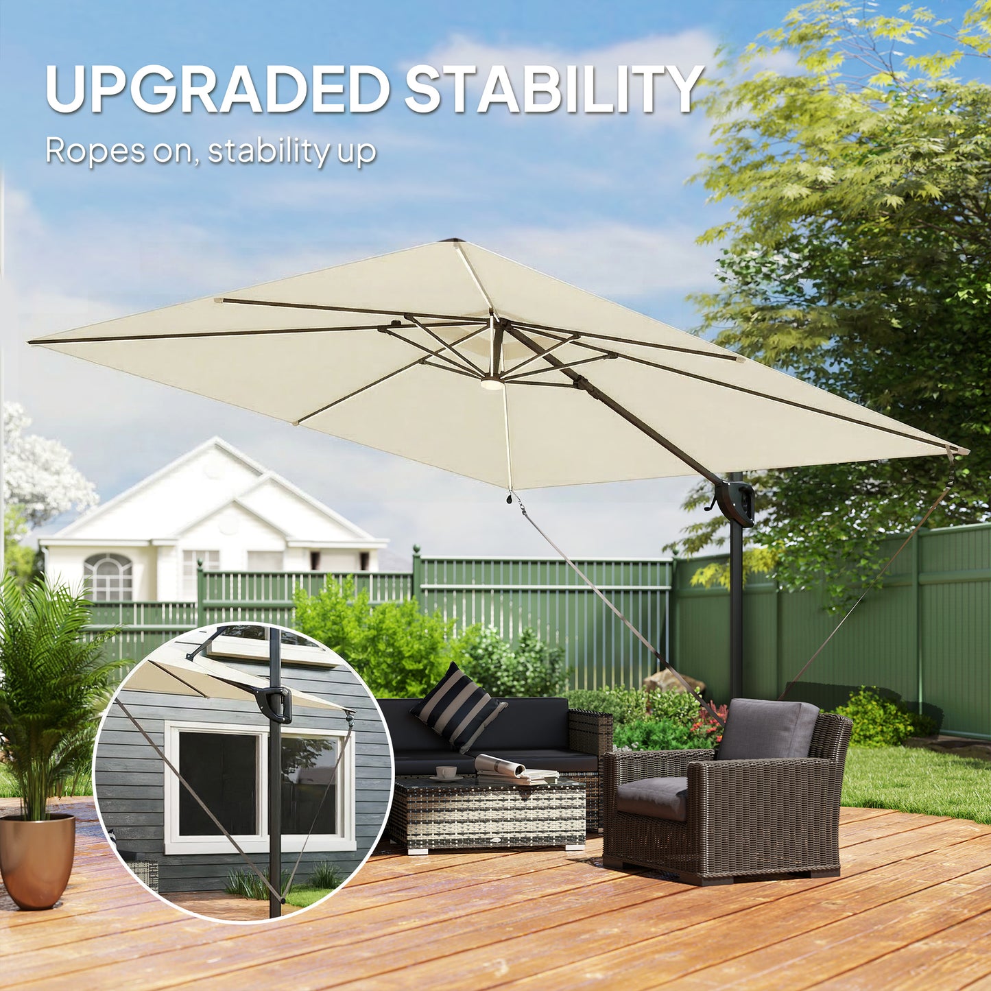 Outsunny 3 x 3 m Garden Cantilever Parasol w/ Light, Cover, UPF50+ Patio Umbrella w/ Wind Protection, 360Â° Rotation, Cream White