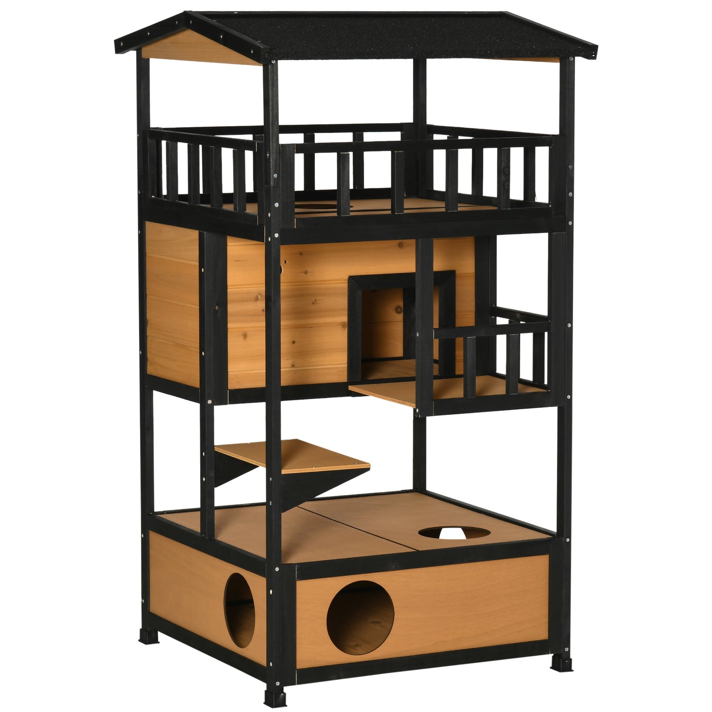 PawHut Wooden Outdoor Cat House, 3-Tier Cat Shelter with Tilted Roof, Terrace, Jump Step, Bottom Tray and Elevated Base, Waterproof Paint, Yellow Default Title
