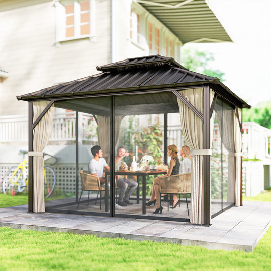 Outsunny 3x3 m Hardtop Gazebo Canopy with UPF50+ Double Galvanised Steel Roof, Aluminium Garden Gazebo Permanent Pavilion, Brown