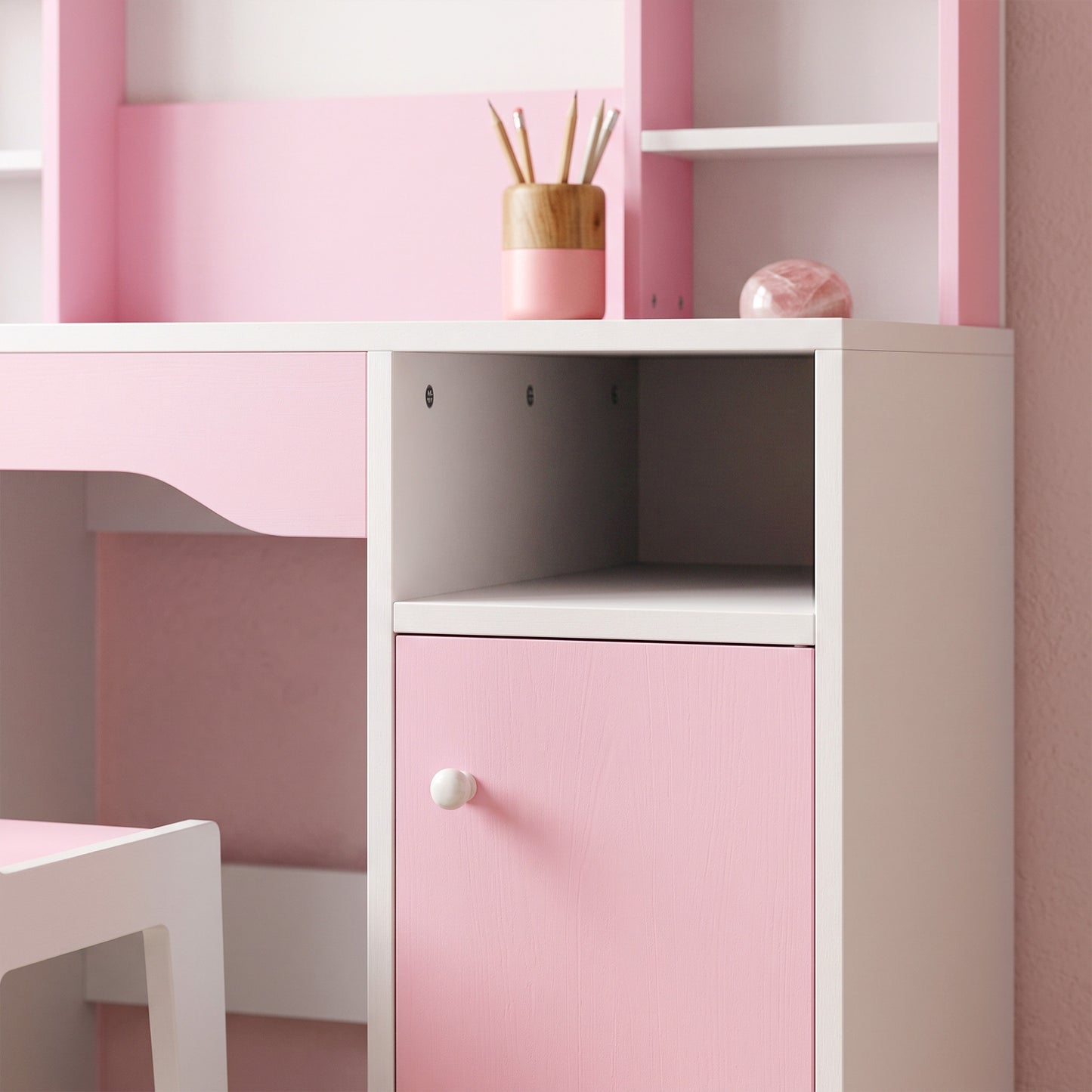 AIYAPLAY Kids Vanity Set, Girls Dressing Table with Stool, 2-Colour Lights Mirror, Cabinet, Drawer and Shelves, Pink