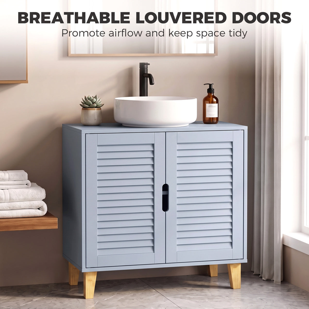 HOMCOM Under Sink Bathroom Cabinet Adjustable Shelf Under Sink Cabinet 2 Louvered Doors, Grey