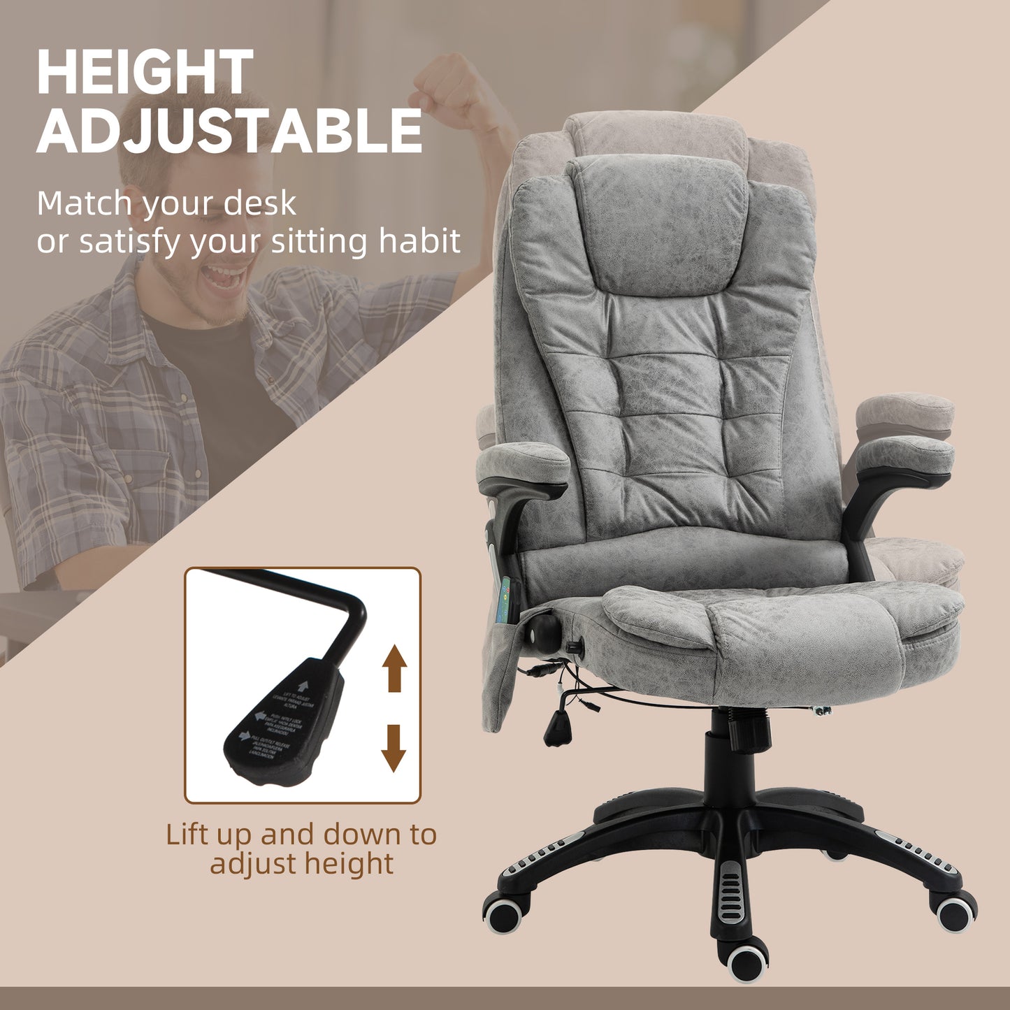 Vinsetto Massage Recliner Chair Heated Office Chair with Six Massage Points Microfiber Cloth 360Â° Swivel Wheels Grey
