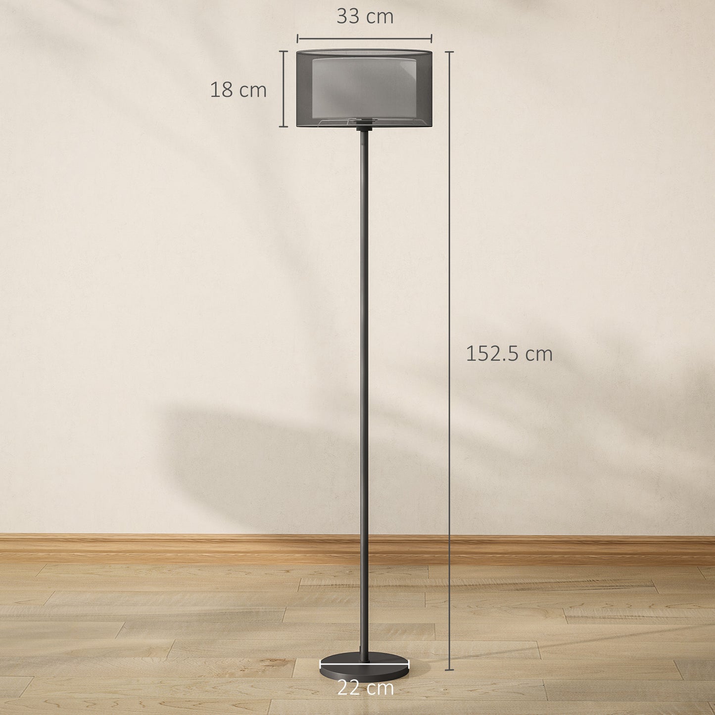HOMCOM Floor Lamp for Living Room, Modern Standing Lamp with Double Layer Shade & Foot Switch, Minimalist Tall Pole Lampshade for Bedroom, Office, Black