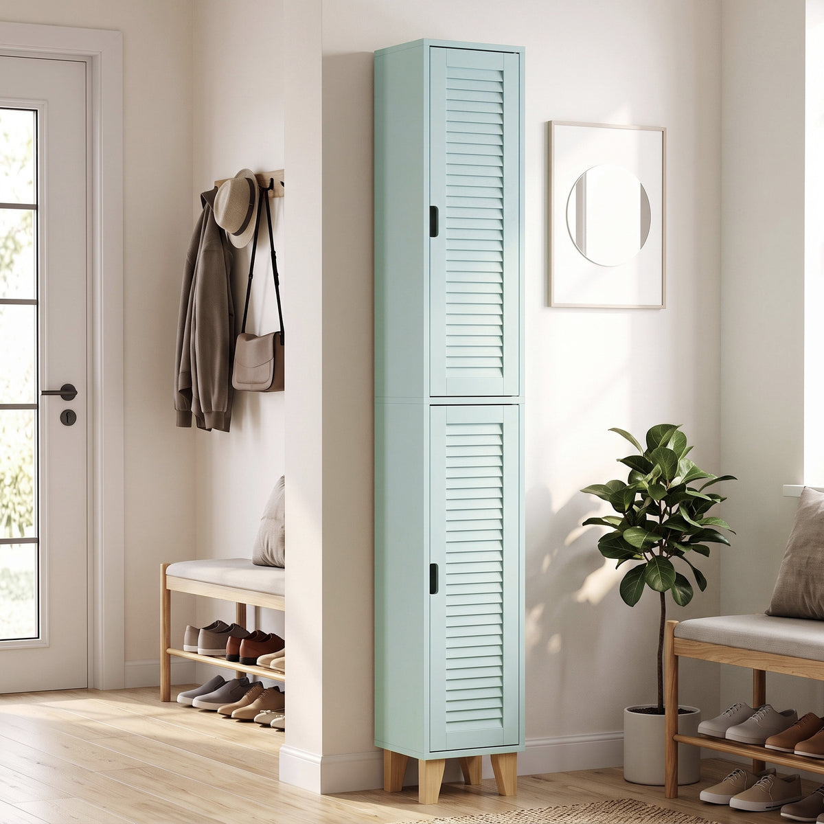 HOMCOM 170cm Tall Bathroom Storage Cabinet, Freestanding Bathroom Cabinet with Louvered Doors, Adjustable Shelf, Light Green