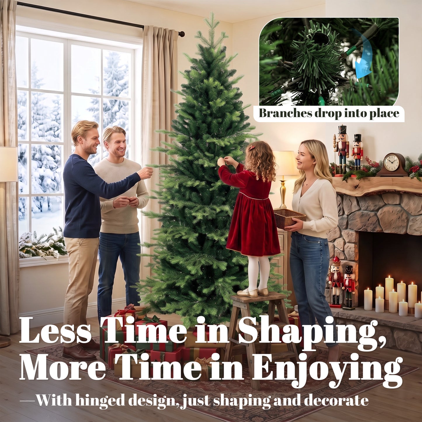 HOMCOM Geneva Fir Hinged Xmas Tree, 7ft/210cm Artificial Christmas Tree with 2079 Branch Tips, Foldable Steel Stand, Green