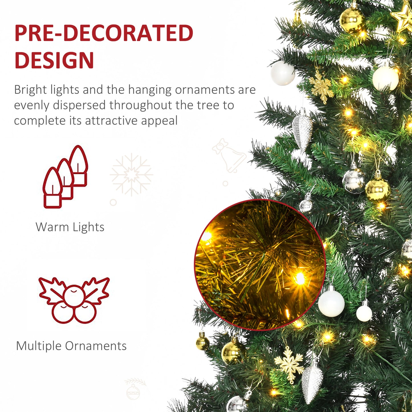 HOMCOM 1.8m 6ft Pre-Lit Artificial Christmas Tree 200 LED Xmas Tree Holiday DÃ©cor with Decorative Balls Ornament Metal Stand