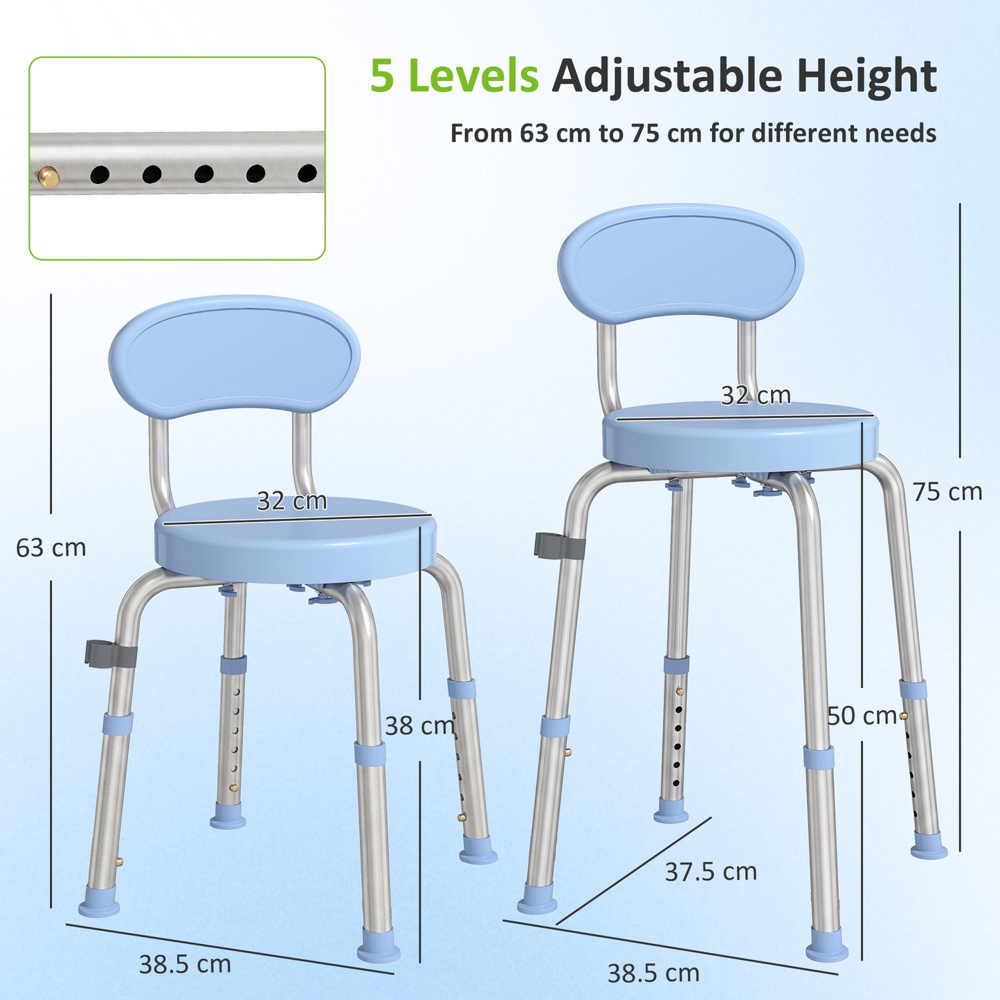HOMCOM 360Â° Swivel Shower Stool with Aluminium Frame, 5-Level Adjustable Height, Backrest, Non-Slip Shower Chair for Elderly