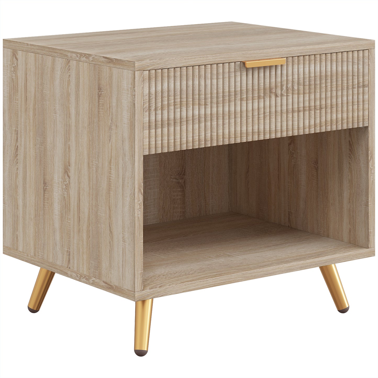 HOMCOM Bedside Table with Drawer and Open Compartment, Nightstand with Handle for Bedroom, Living Room, Natural Wood Finish