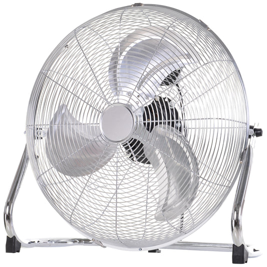 HOMCOM 51 cm Chrome Metal Floor Fan with Tilting, High Velocity, 3 Speed, Portable Gym Fan for Home Office, Silver