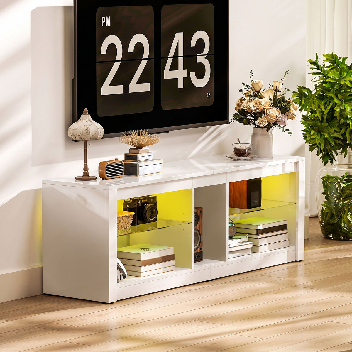 HOMCOM TV Stand Cabinet with LED Lights and Remote Control for TVs up to 65", Entertainment Centre with Storage Shelves, White