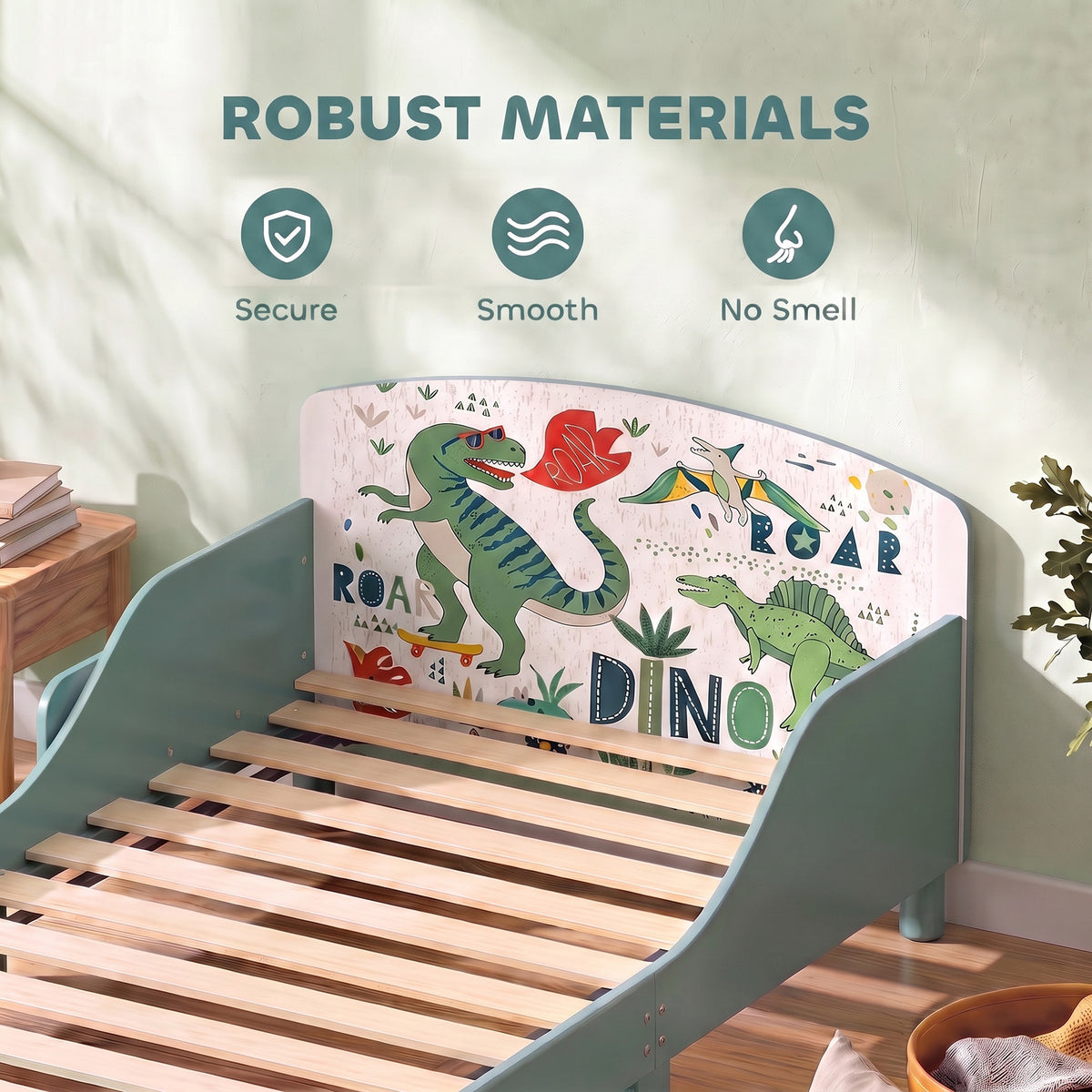 AIYAPLAY Toddler Bed with Bedside Storage and Guard Rails for 3-8, Fits 140 x 70 x 10cm Mattress, Green Dinosaur Print