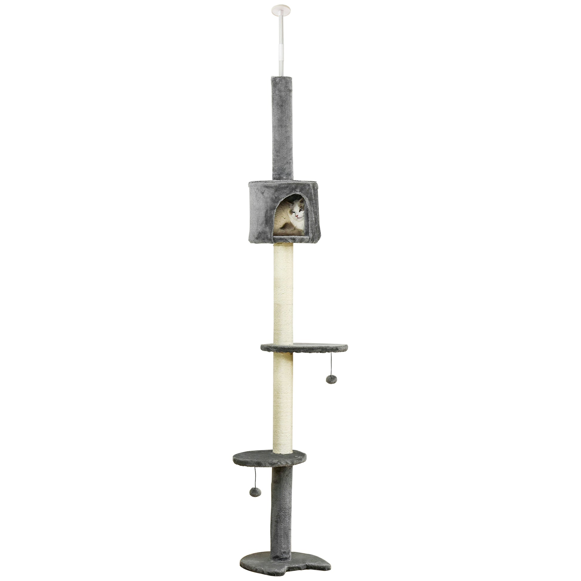 PawHut Floor to Ceiling Cat Tree for Indoor Cats, Kitten Tower, Condo, Multi-Layer Activity Center, Indoor Pet Play House with Solid Scratching Post Hanging Balls, Light Grey