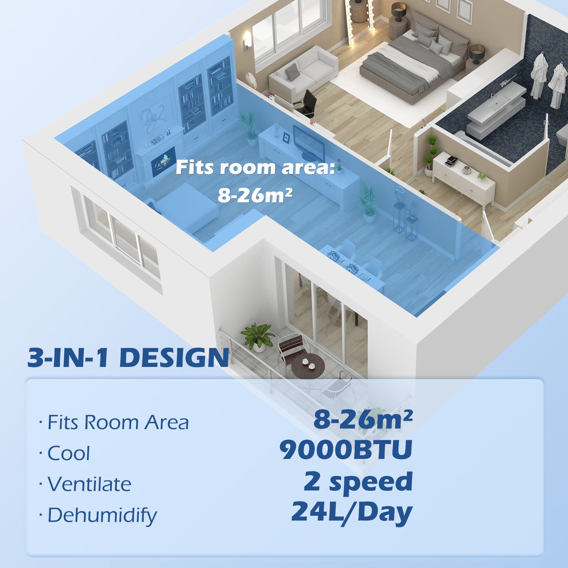 HOMCOM 7,000 BTU Mobile Air Conditioner for Room up to 26mÂ², with Dehumidifier, 24H Timer, Wheels, Window Mount Kit