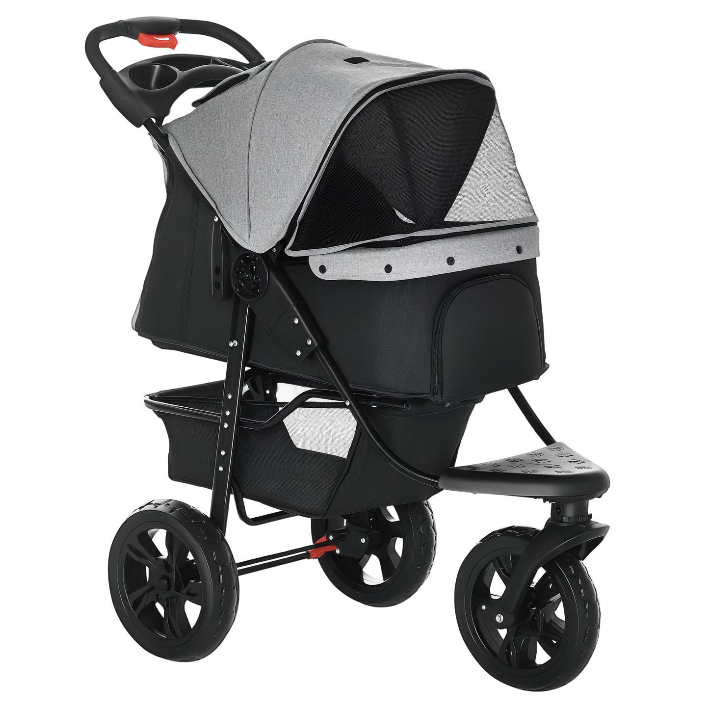 PawHut Dog Stroller Pram, 3-Wheel Foldable Pet Stroller with Invisible Sky Roof, for Small Dogs & Cats, Red