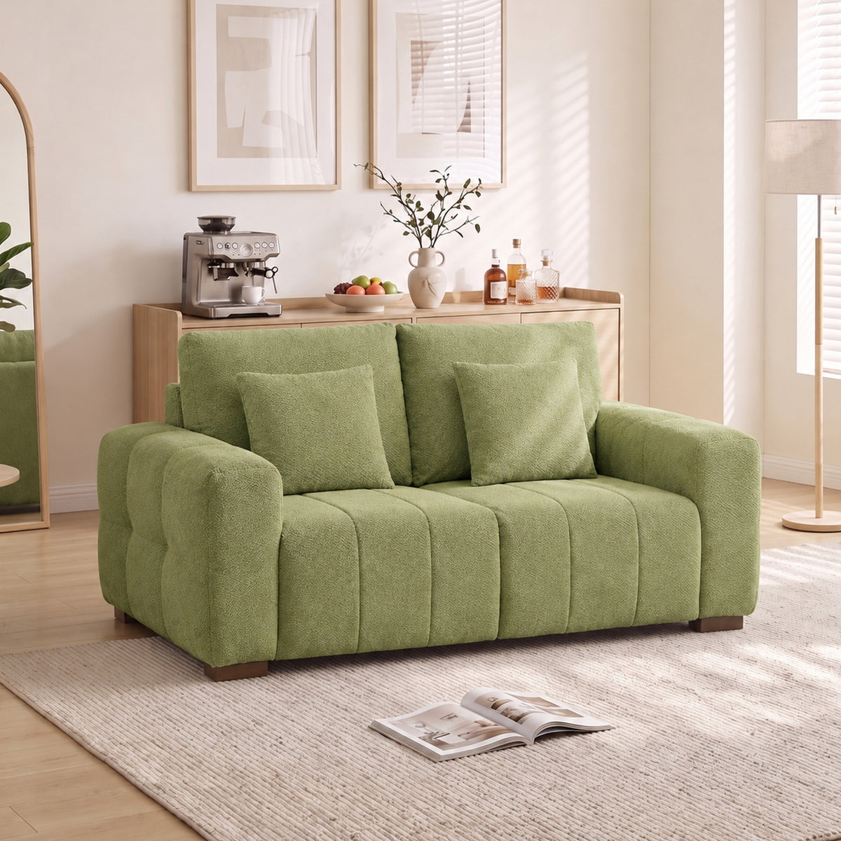 HOMCOM 2 Seater Sofa, Upholstered Velvet Small Couch for Bedroom with Pillows, Modern Sofa Settee with Padded Cushion and Wood Legs for Living Room, Green