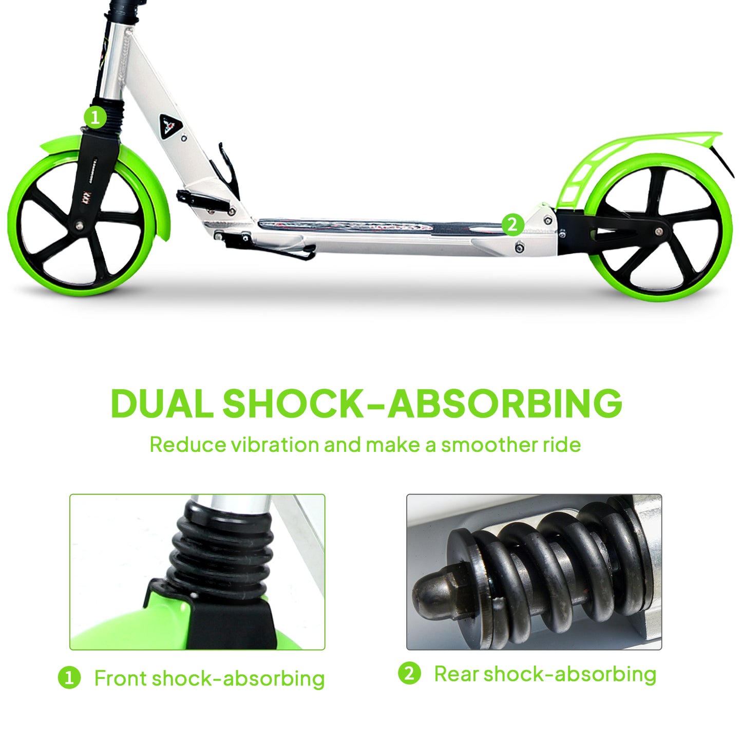 HOMCOM Folding Kick Scooter, Adjustable Ride On Scooter with 200mm Big Wheels and Double Shock Absorption, Urban Scooter for 14+ Teens Adult, Green