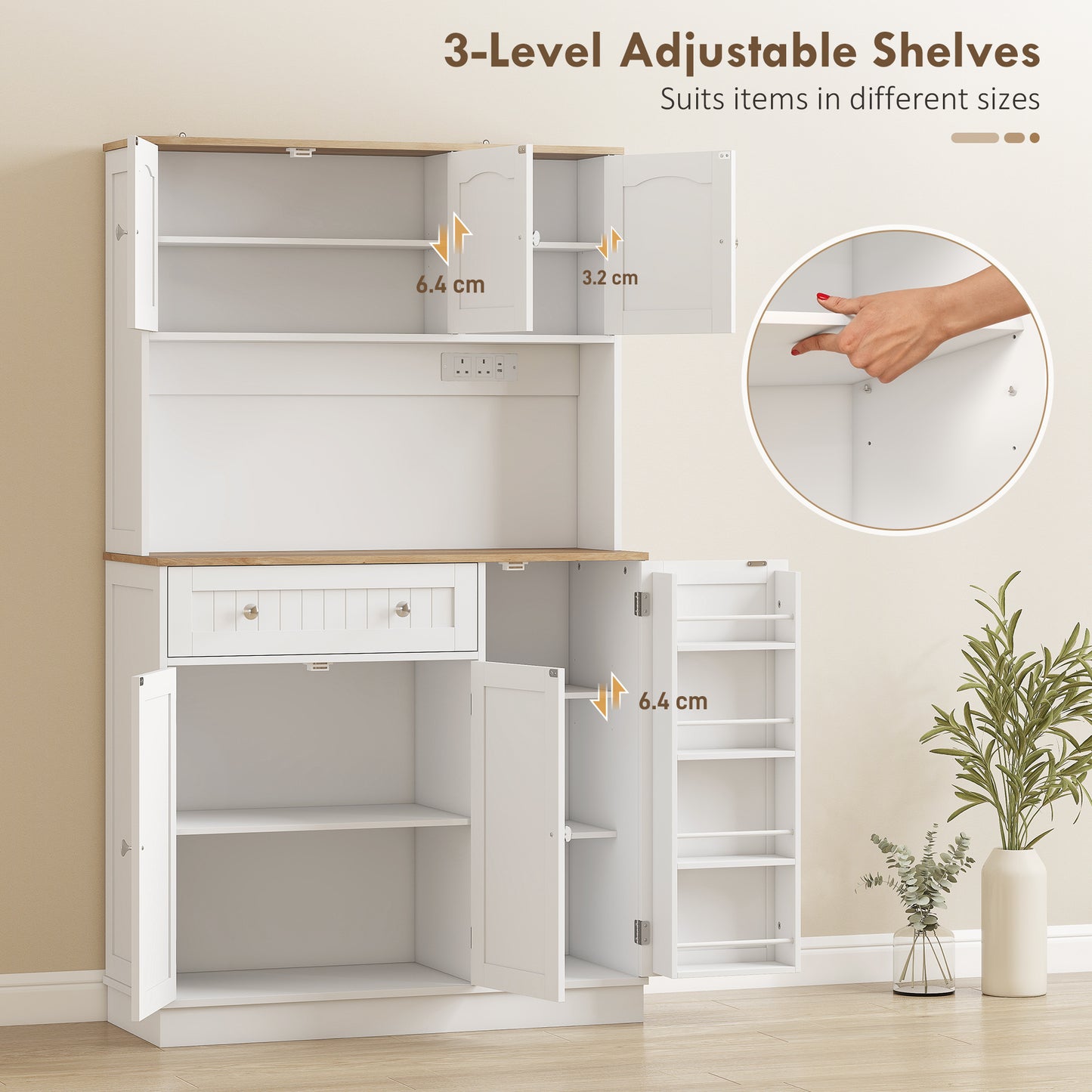 HOMCOM 173 cm Tall Kitchen Cupboard with Charging Station, Pantry Storage Cabinet with Adjustable Shelves and 5 Door Racks