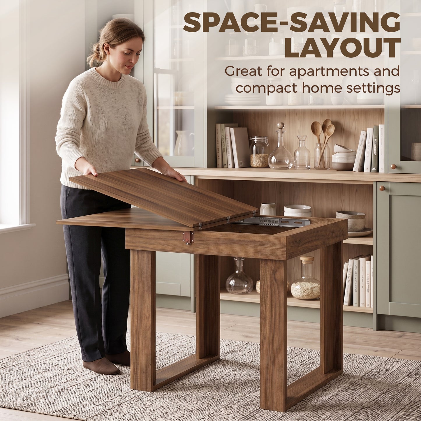 HOMCOM Folding Dining Table Under-Table Storage Extendable Kitchen Table Steel Rail Grey Wood Effect