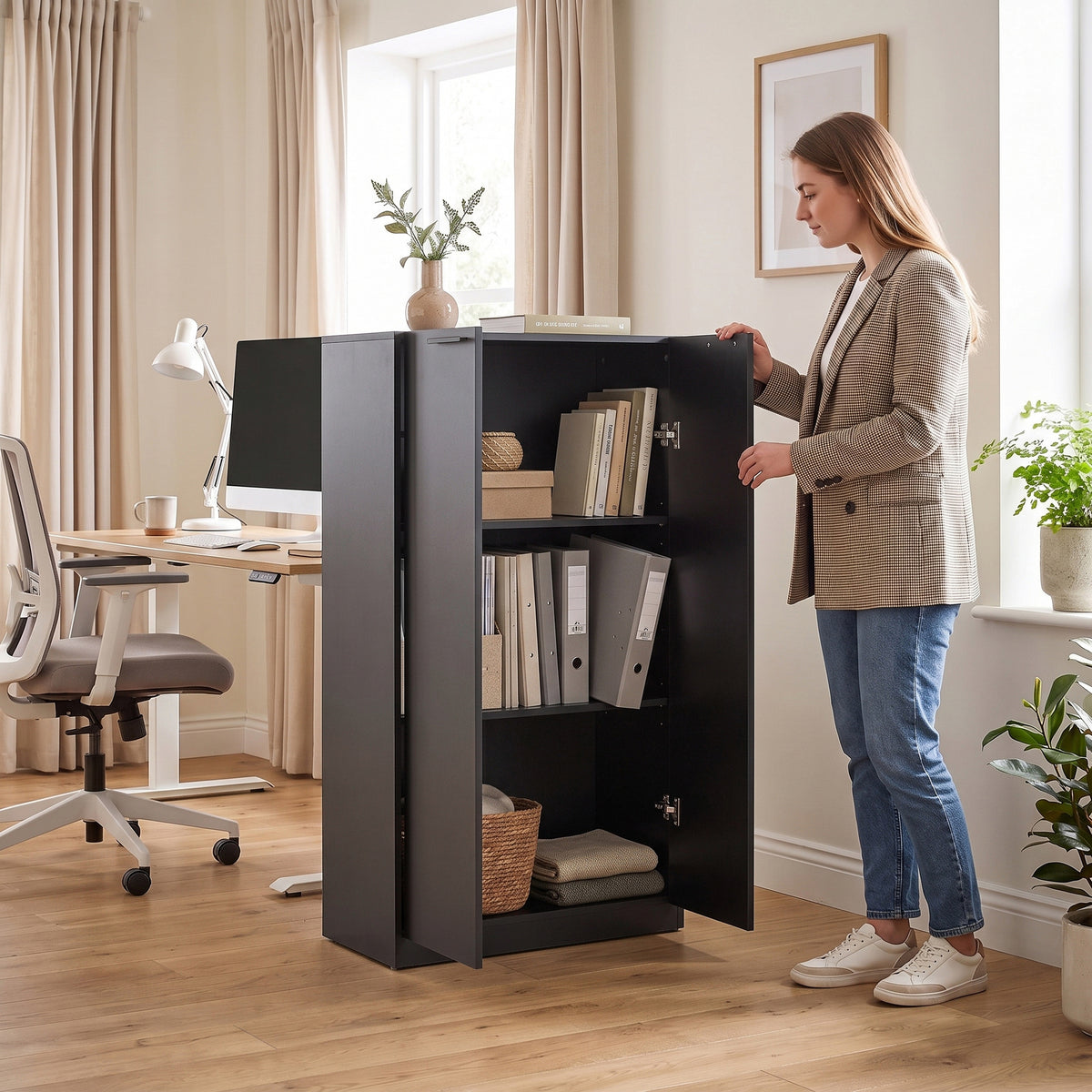 HOMCOM 120 cm Tall Storage Cabinet Cupboard, 3-Tier File Organiser Wooden Filing Cabinet, Black