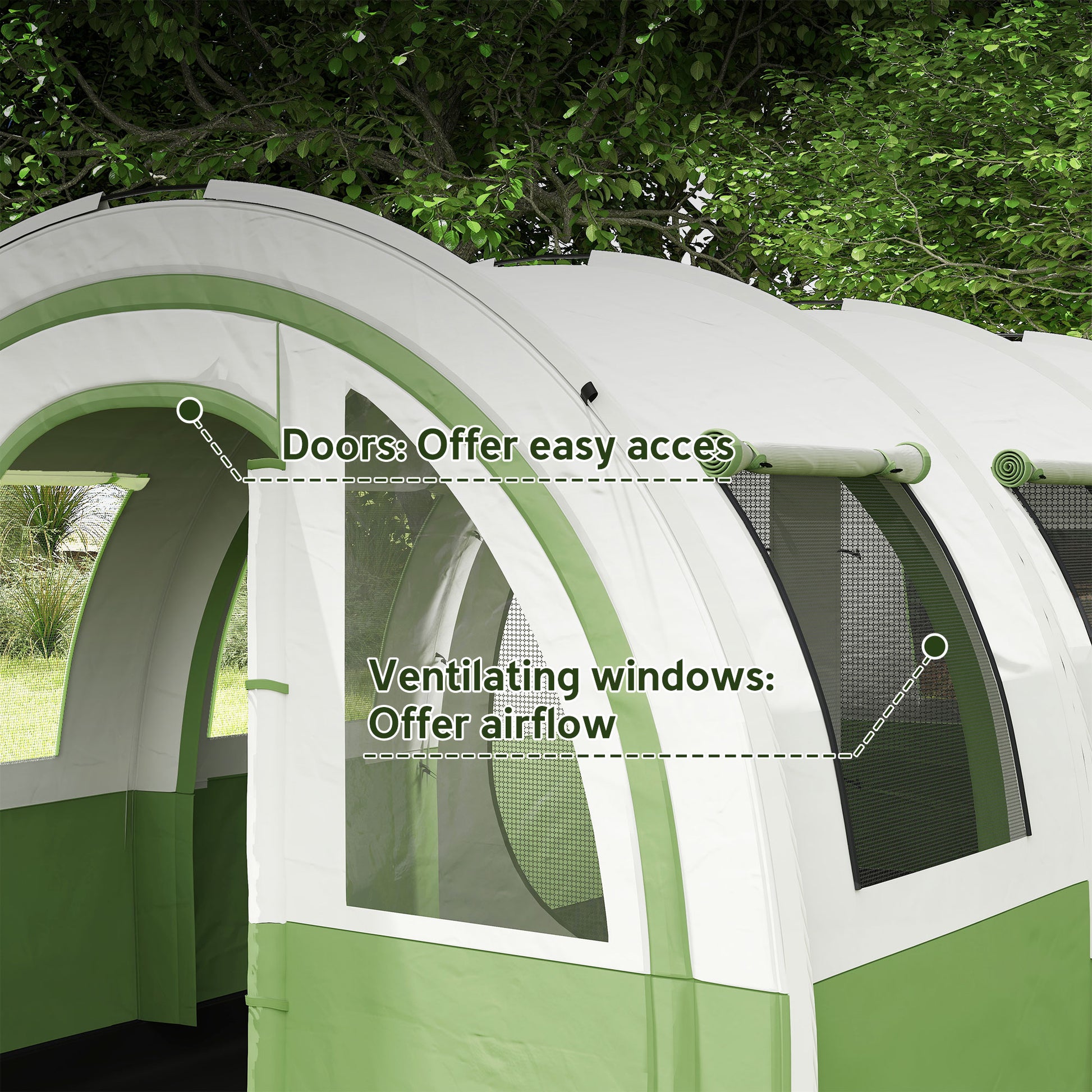 Outsunny Three Man Duo Room Tunnel Tent, with Accessories - Cream/Green
