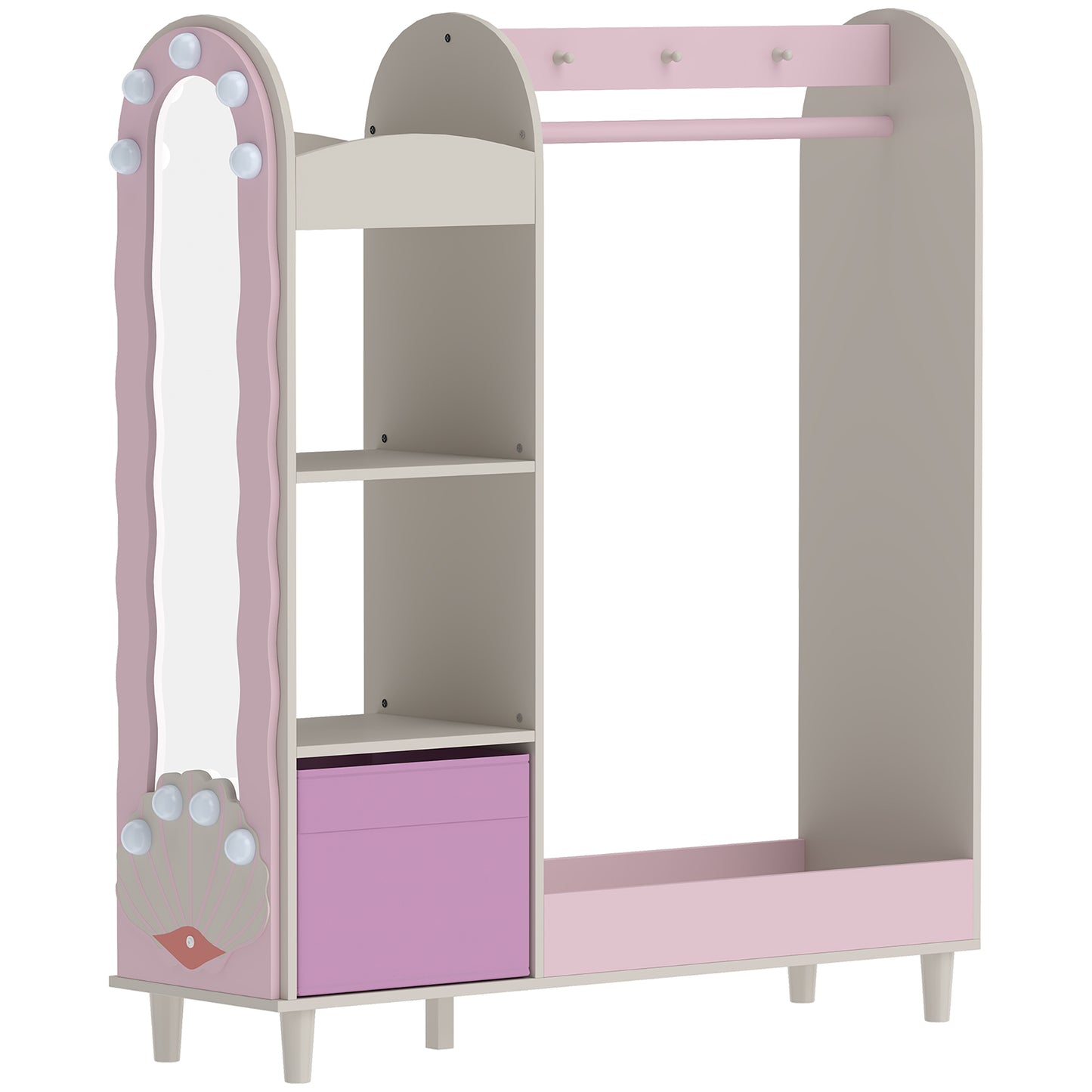 AIYAPLAY Kids Clothing Rack, Kids Wardrobe with Glowing Lights Mirror, Non-Woven Drawer and Shelves for Bedroom, Ages 3-8, Pink