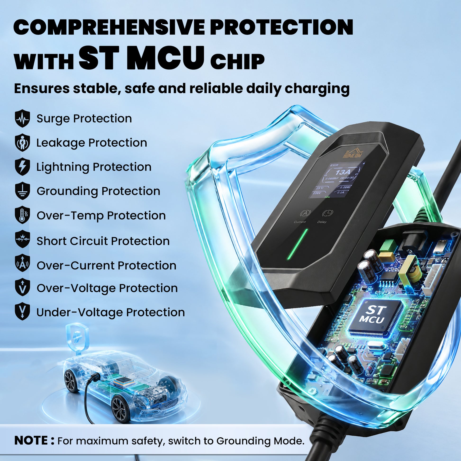 HOMCOM EV Charger Type 2 to 3 Pin Plug, 10 m, 2.8 kW, 6-13 A, Electric Car Charger Type 2 Charging Cable w/ 1-12 h Time Delay