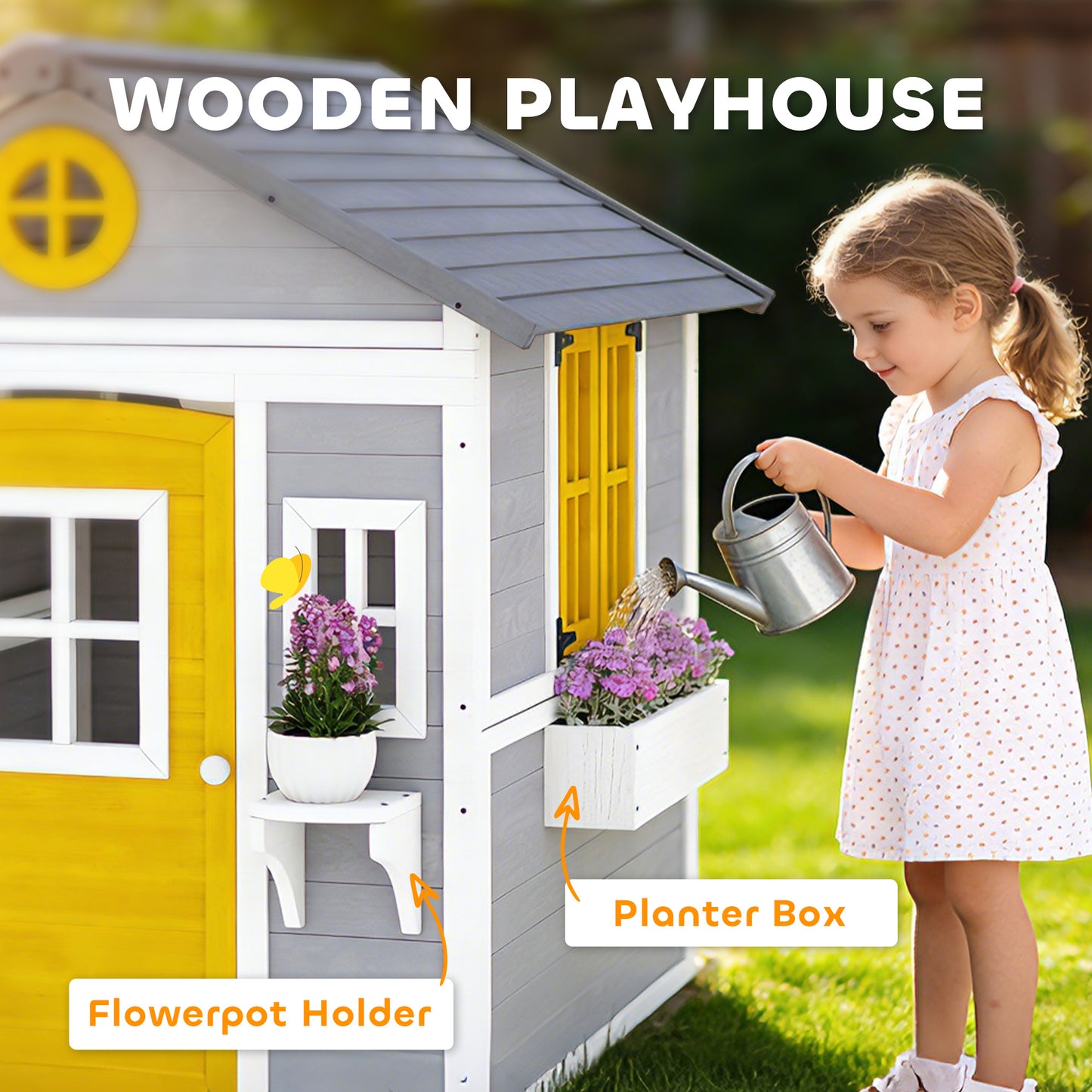 Outsunny Wooden Playhouse with Doors, Windows, Plant Pots, Boxes, for 3-8 Years - Grey