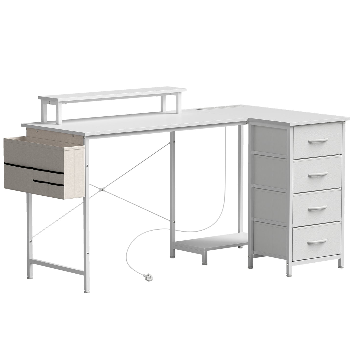 HOMCOM L Shaped Gaming Desk Reversible Power Outlets Corner Desk Storage Drawers Monitor Shelf 150 cm White