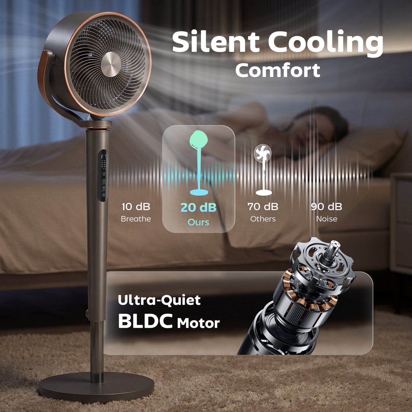 HOMCOM 20dB Silent Standing Fan, 70Â°+90Â° Auto Oscillating Fan with 12 Speeds, LED Light, Air Circulator, Remote Control, 12H Timer, for Bedroom, 46 Inch, Grey