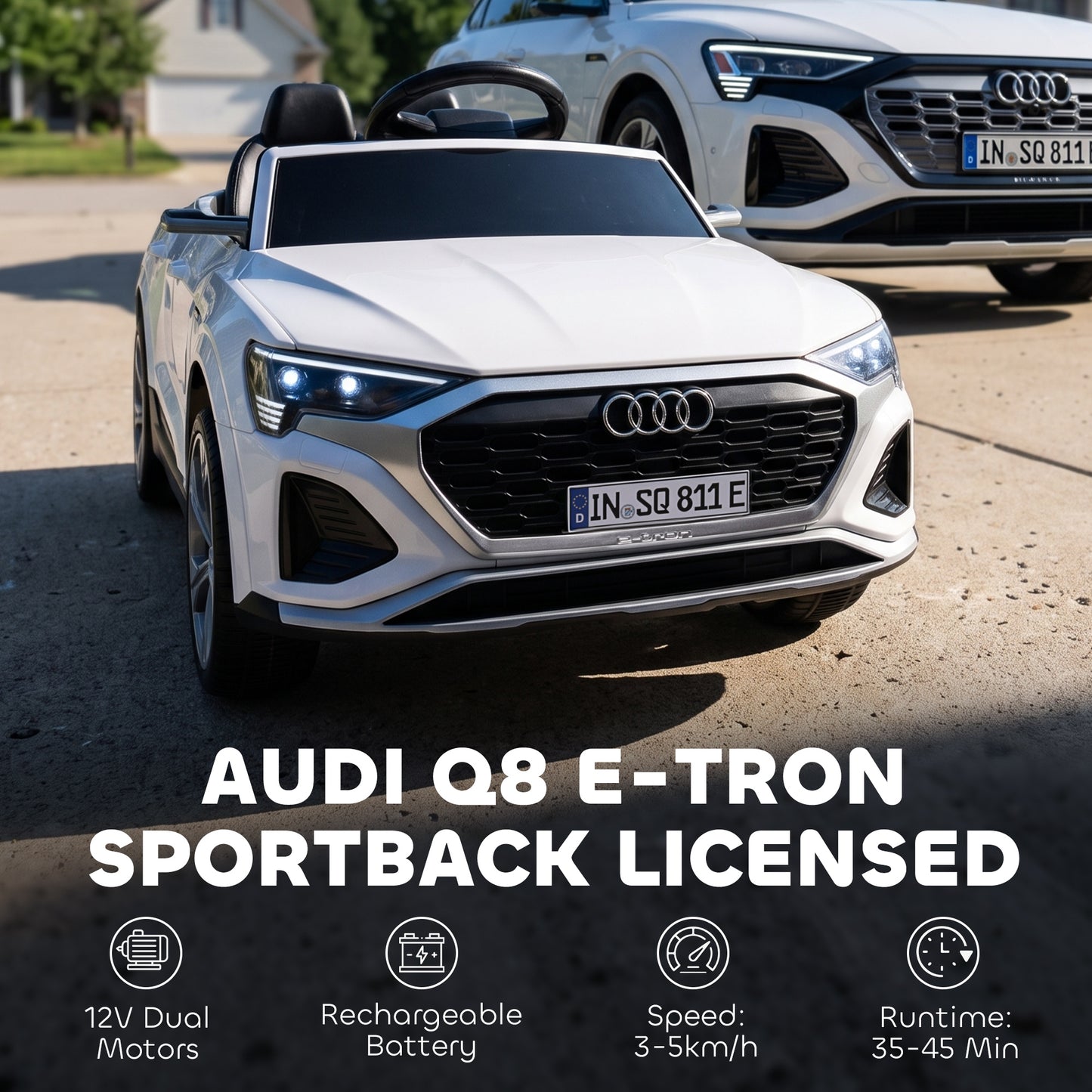 AIYAPLAY Audi Q8 etron Sportback Licensed Ride on Car with Remote Control, Four-Wheel Suspension, Soft Start for Ages 3-4, White