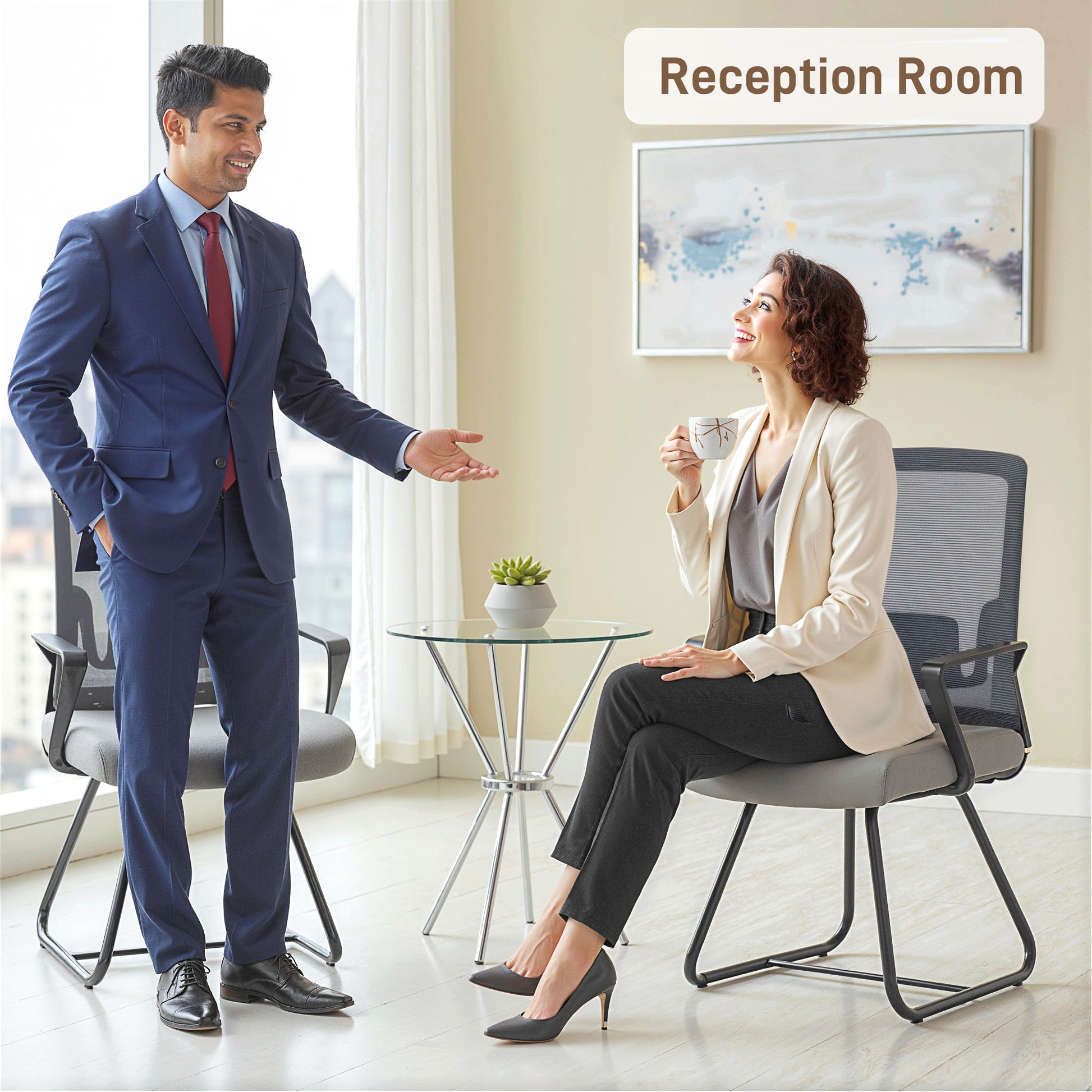 HOMCOM Desk Chair No Wheels, Office Chair with Mesh Back, Lumbar Support, Metal Base for Waiting Room, Conference Room, Dark Grey