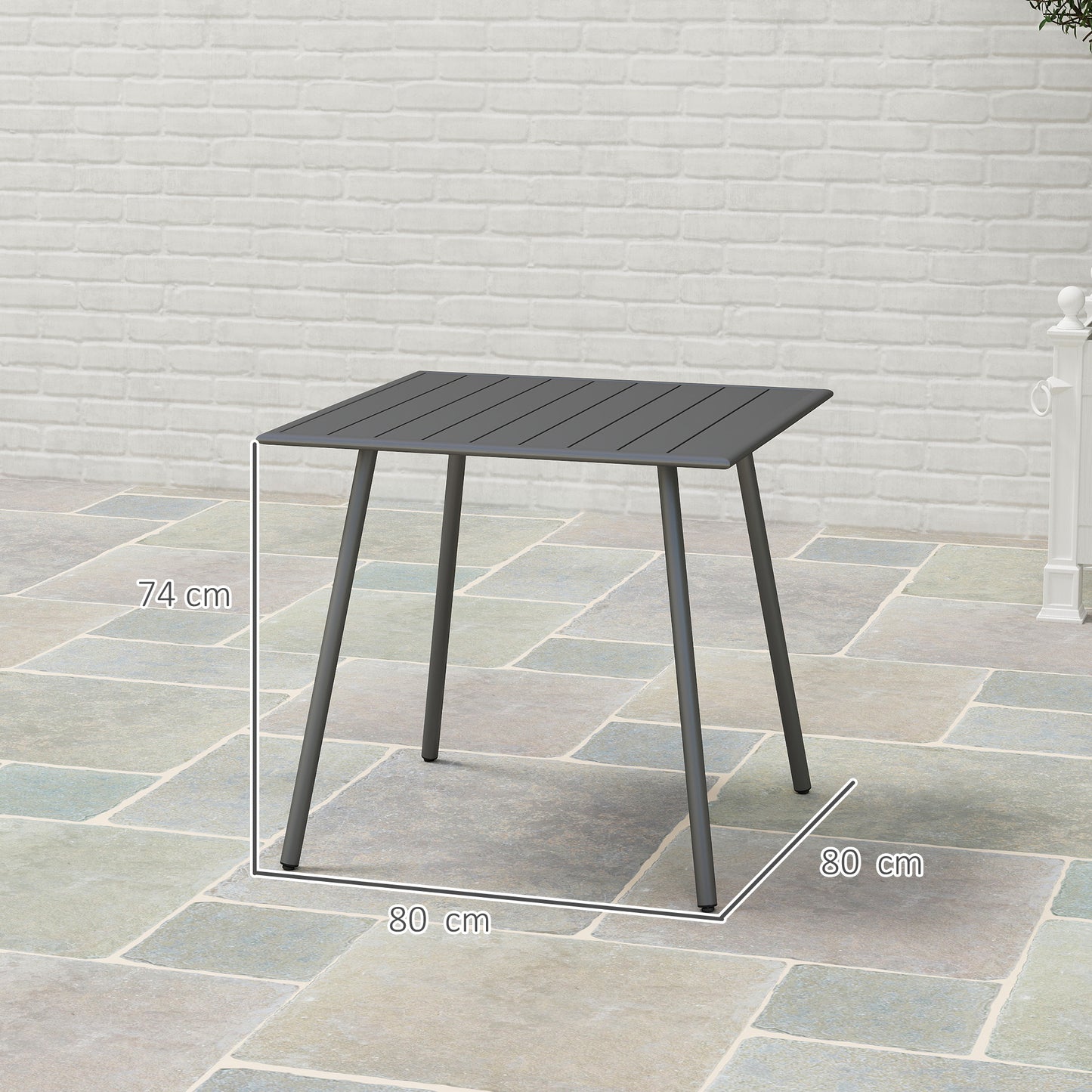 Outsunny Square Garden Table with Slat Top, Steel Frame, Outdoor Table for 4 Person, 80 x 80 x 74 cm, Grey
