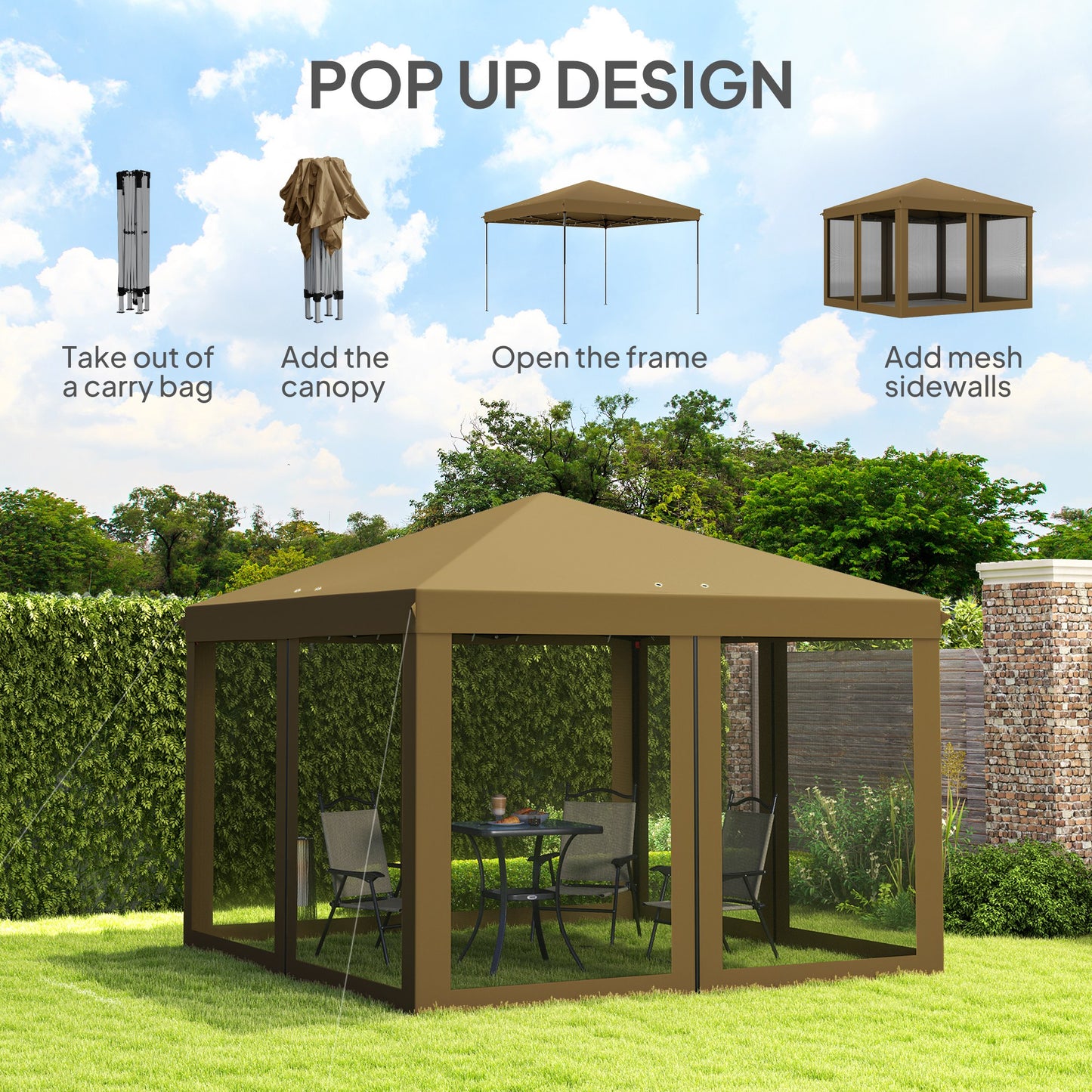 Outsunny 3 x 3Â m Pop Up Gazebo, 420D Garden Tent Canopy with Removable Mesh Sidewall Netting, Carry Bag for Garden Patio Outdoor, Khaki