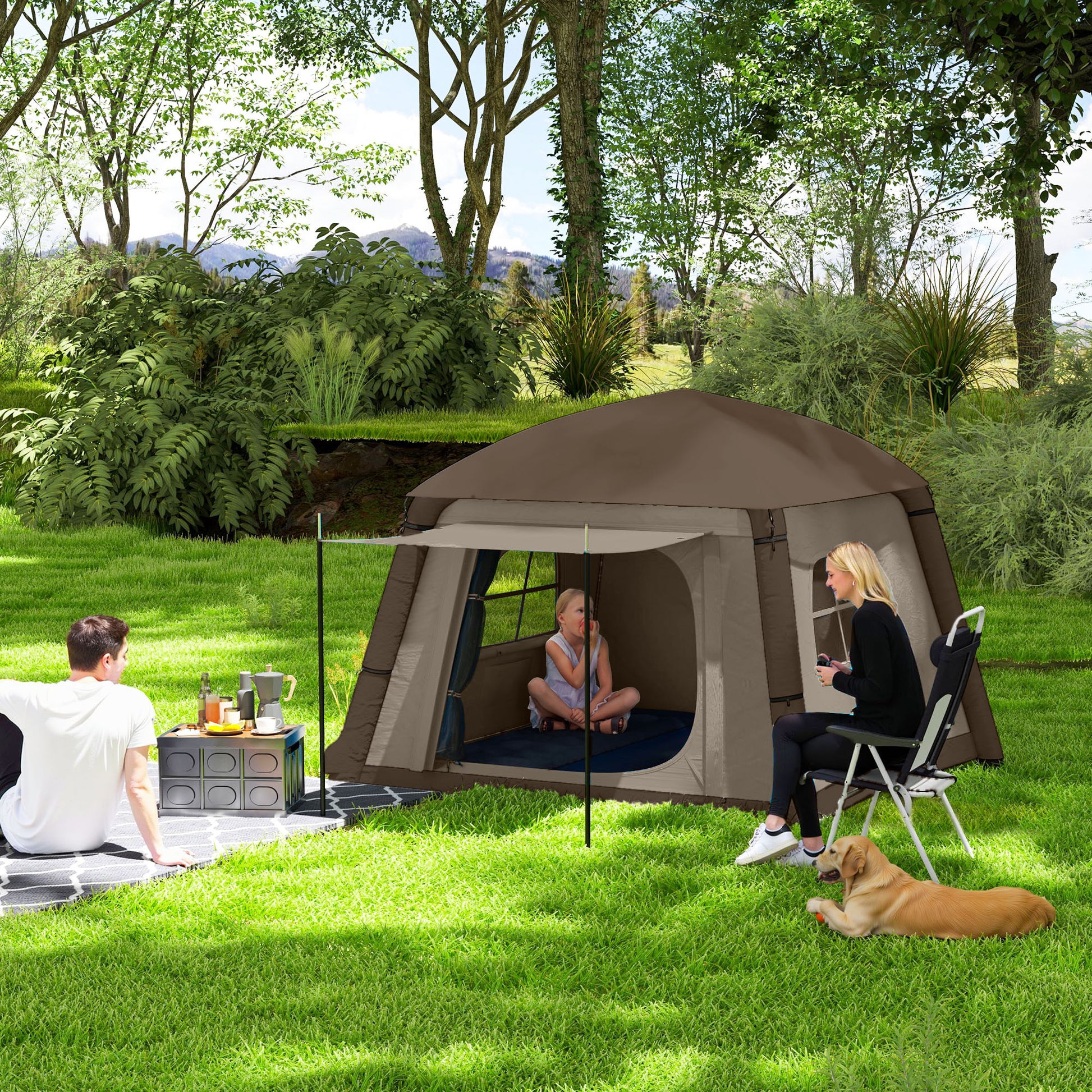 Outsunny Blow Up Tent w/ Hand Pump, Inflatable Camping Tent, Easy Setup 1/2 Person Waterproof Khaki