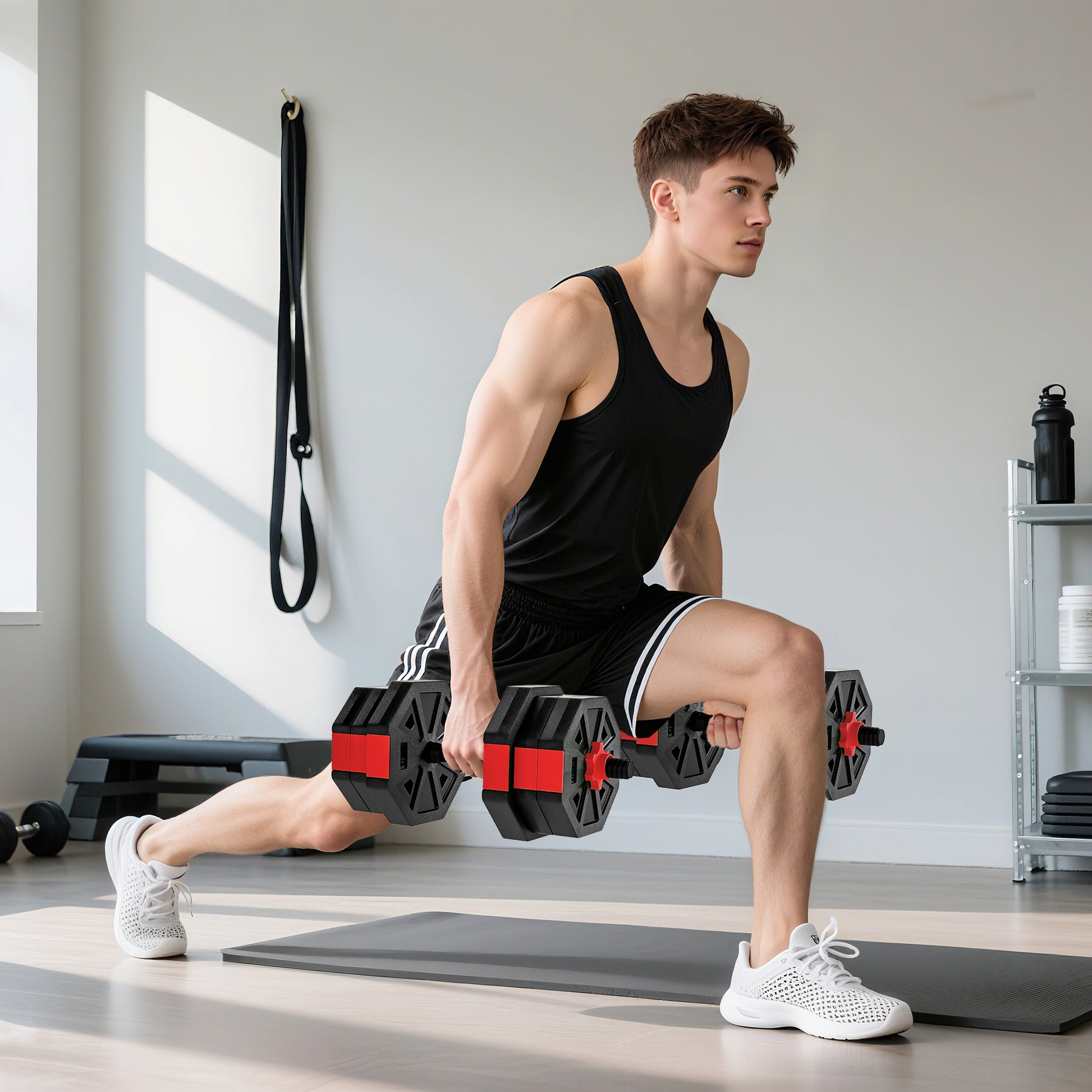 SPORTNOW 6-in-1 Adjustable Weight Dumbbells Set, Used as Kettlebell, Barbell, Dumbbell, Push-Up Stand, 20kg Free Weights Set for Men and Women Home Gym Training, Red