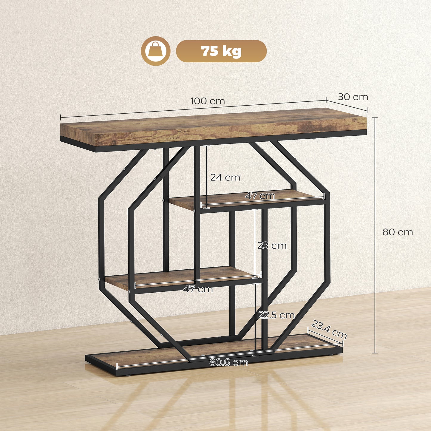 HOMCOM 4-Tier Industrial Console Table - Rustic Brown