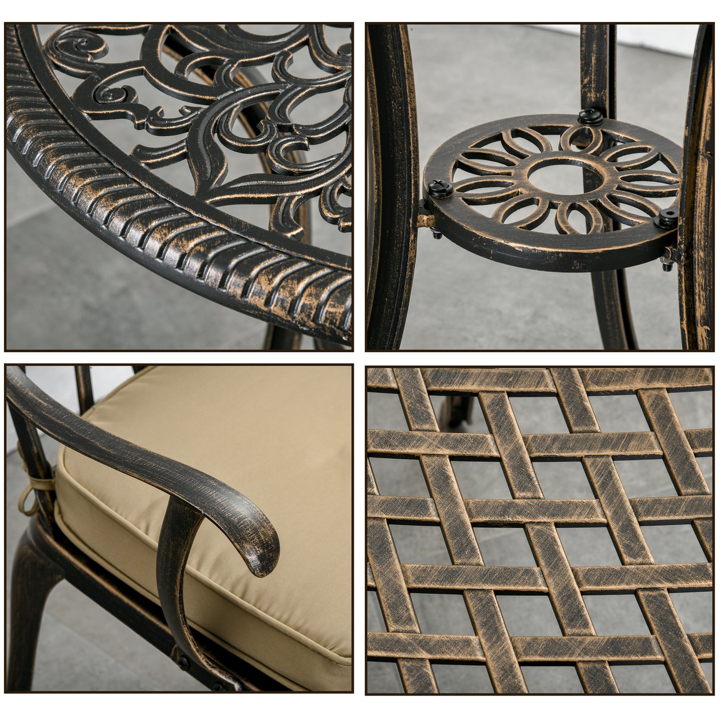 Outsunny 3pc Cast Aluminium Garden Bistro Set for 2 with Parasol Hole, Outdoor Coffee Table Set Rust Resistant with Cushions, Bronze