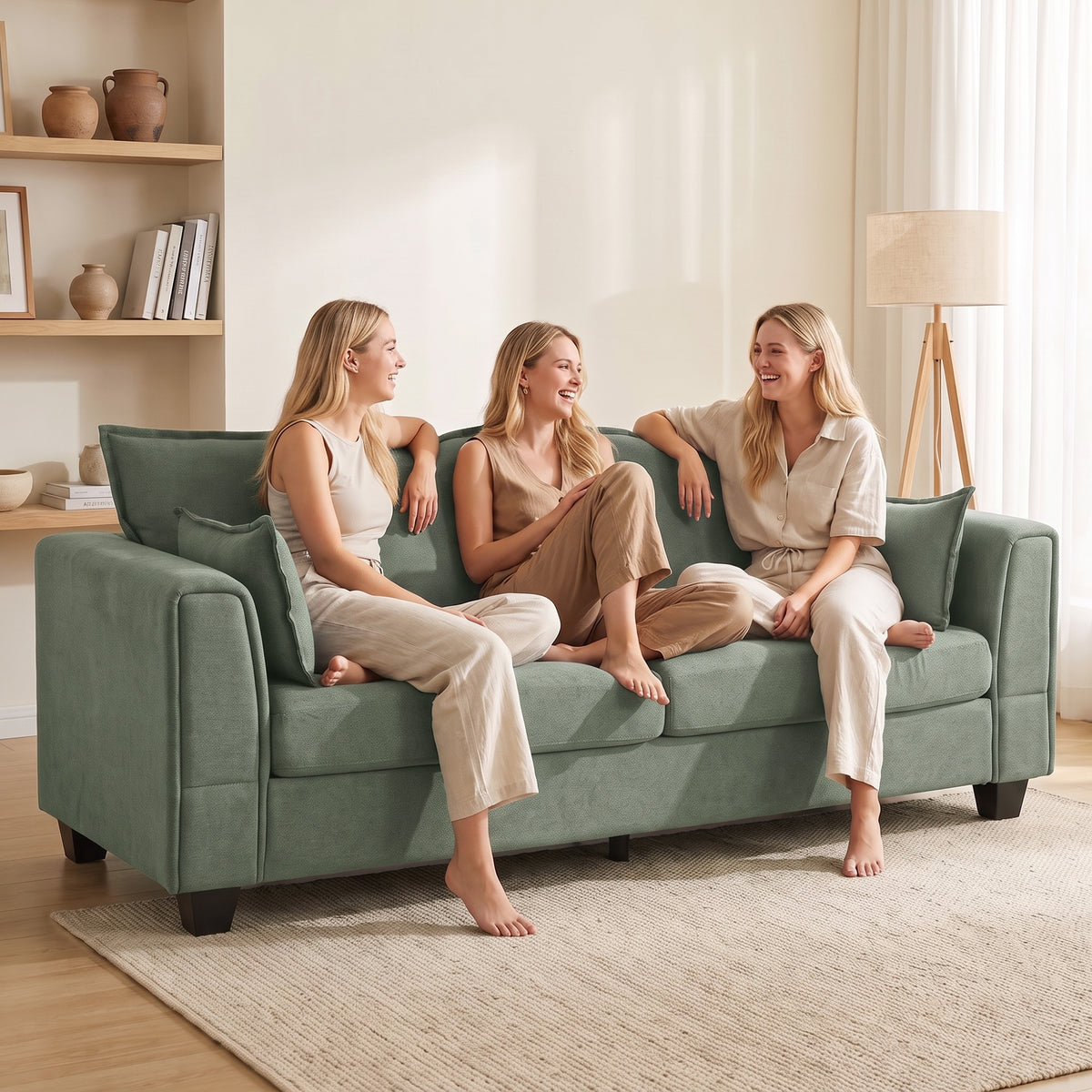 HOMCOM 3 Seater Sofa, Linen Upholstered Sofa Couch with Spring Cushions, Thick Padding, Wide Padded Armrests, Green