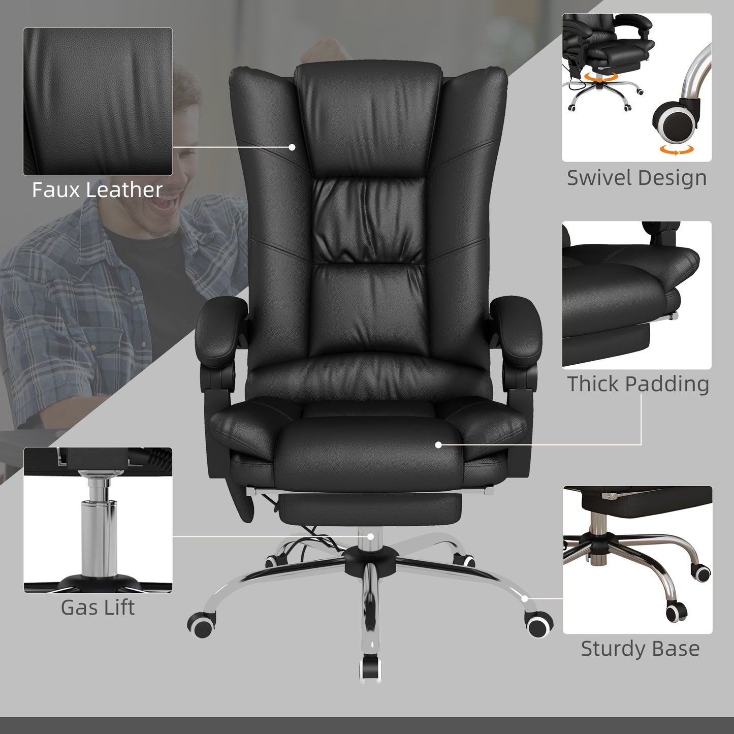 Vinsetto High Back Vibration Massage Office Chair, Heated Reclining PU Leather Computer Chair with 135Â° Reclining Back and Footrest, Black