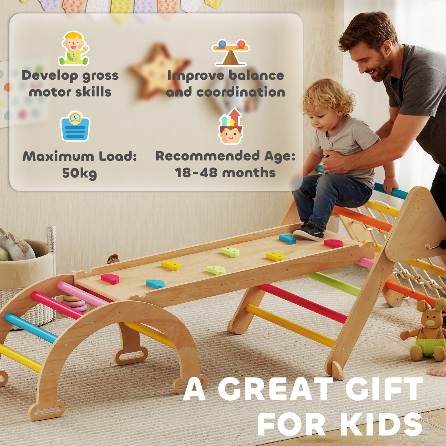 AIYAPLAY 8-in-1 Toddler Climbing Frame, Indoor Play Triangle Set with Slide, Arch and Triangle Ladder, Multicolour